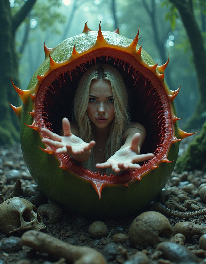 On a horrible swamp island where human bones have piled up, a blonde-haired, blue-eyed femme fatale of unparalleled beauty peeks out her honey-covered upper body from the predatory mouth of a gigantic, eerie, psychedelic, primary-colored pitcher plant, gazing at the viewer with an evil seductive smile and holding out both hands inviting them in., pov, Character focus, look at viewer, evil seductive smile