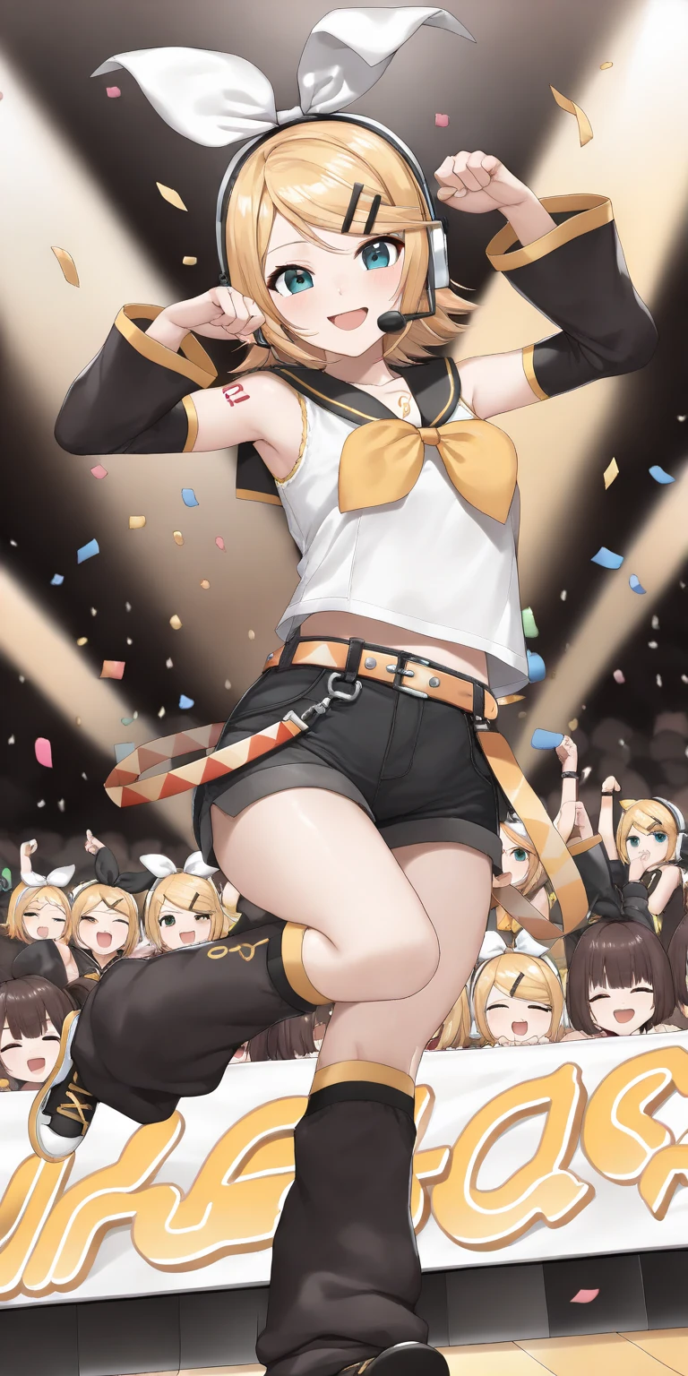 KAGAMINE RIN\(vocaloid\),solo,1female\(cute,kawaii,KAGAMINE RIN\(vocaloid\),light yellow hair, short hair,red tattoo of numbers"02" on shoulder,(big white bow),sleeveless white shirt,detached black arm bell sleeves,(arm sleeves are black bell sleeves:1.2),belt,sailor collar,yellow wide tie,white headphones,black short pants,black knee high leg warmers,yellow key strap at belt,open shoulder,singing and dancing,(very cute pose:1.5),(korean idol pose:1.5),dynamic pose,(very cute big smile),looking away\), BREAK ,background\(live stage,colorful confetti,pastel color spotlights,(many colorful music note signs),many audience waving yellow glow sticks,\),RIN is so so cute,dynamic angle,long shot,wide shot,(aerial view:0.8)