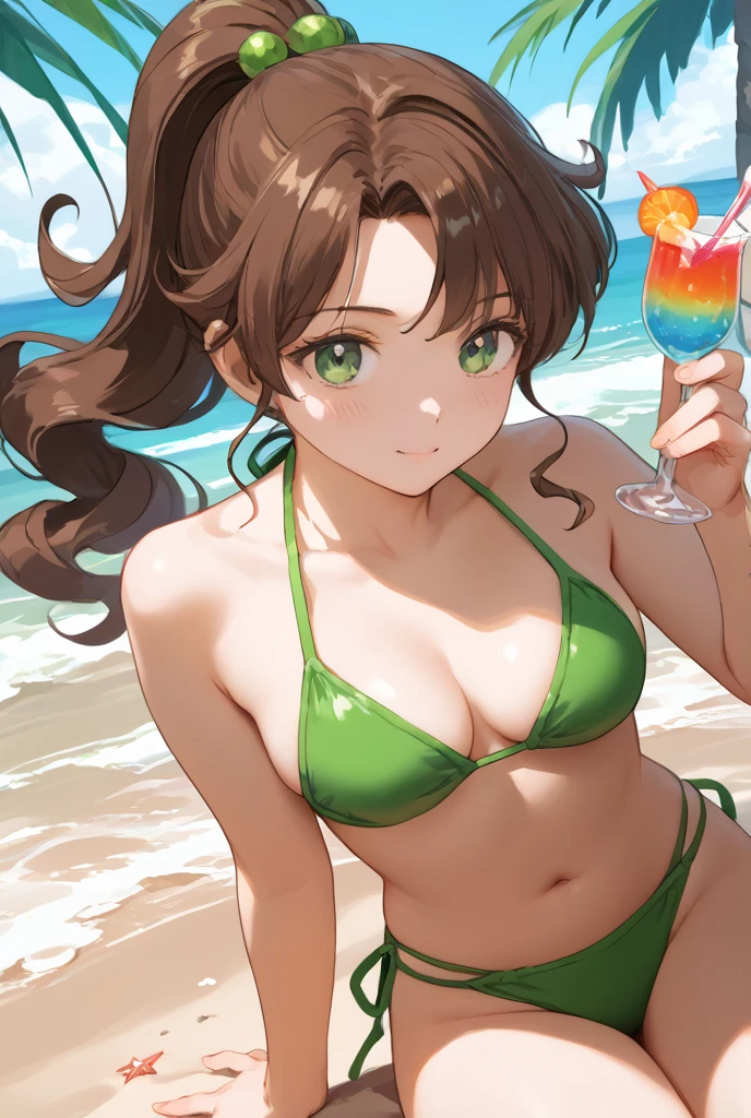 Source_9_up, source_8_up, source_7_up,, source_anime, ((masterpiece)), (best quality), (ultra-detailed), bangs, Ponytail, brown hair, piral curl,wavy hair, green eyes, bikini, green bikini, beach, solo.