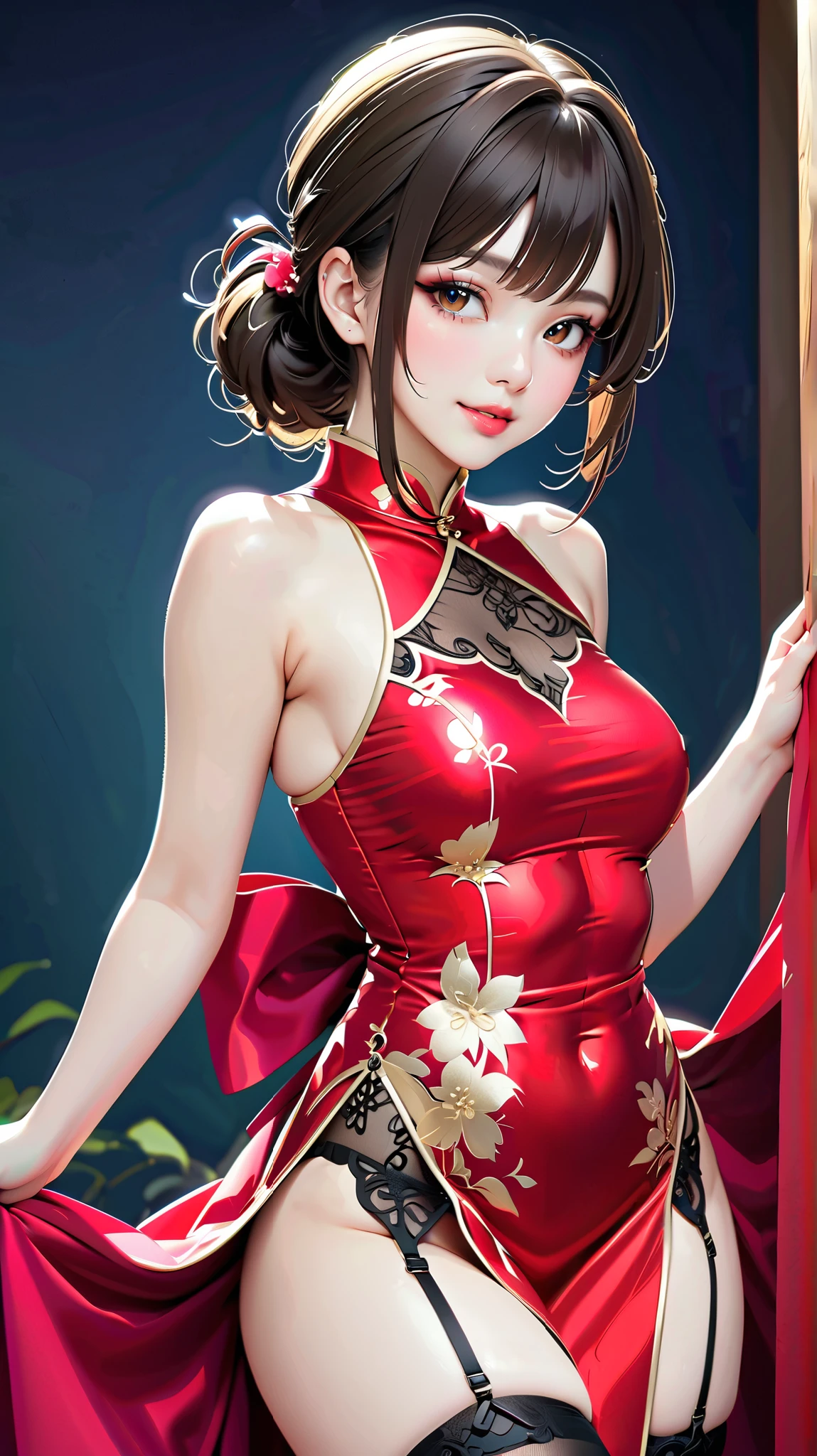 Ridiculous resolution，A high resolution，（tmasterpiece：1.4），ultra - detailed，1 peerless beauty，Anterior convex and posterior，from the above，the space，afloat，Red Chinese dress，red dress，black lence stockings，pale brown hair，Golden eyes，Hand out of the box --auto