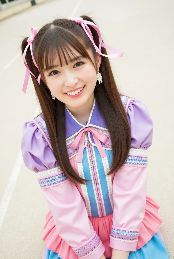  One Girl ,  high definition,  top quality,  twin tails、Lower twin tails、 idol costume、double piece、smile、Full body images、