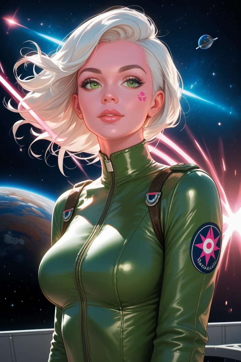 score_9, score_8_up, score_7_up, score_6_up, score_5_up, score_4_up, bright colors, high contrast, vivid lighting, A sexy beautiful  Alabaster-Pink skinned woman stands on the hull of her futuristic Space VESSEL. She has Cropped white hair and an oxygen bubble over her head. Planets and space scenes in background. She has Alabaster-Pink  Skin. ((Alabaster-Pink  skin)),  Wearing a sexy tight (((green leather jumpsuit))). She has laser torch and is doing repairs to the hull of her ship.