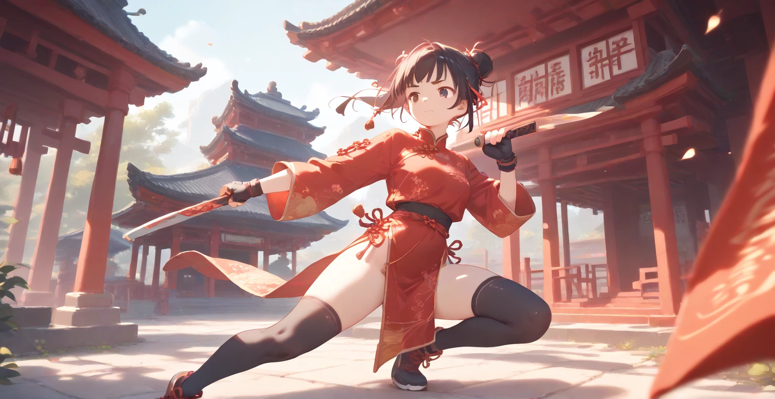  a fighting girl in Chinese clothes, training in a Chinese temple 