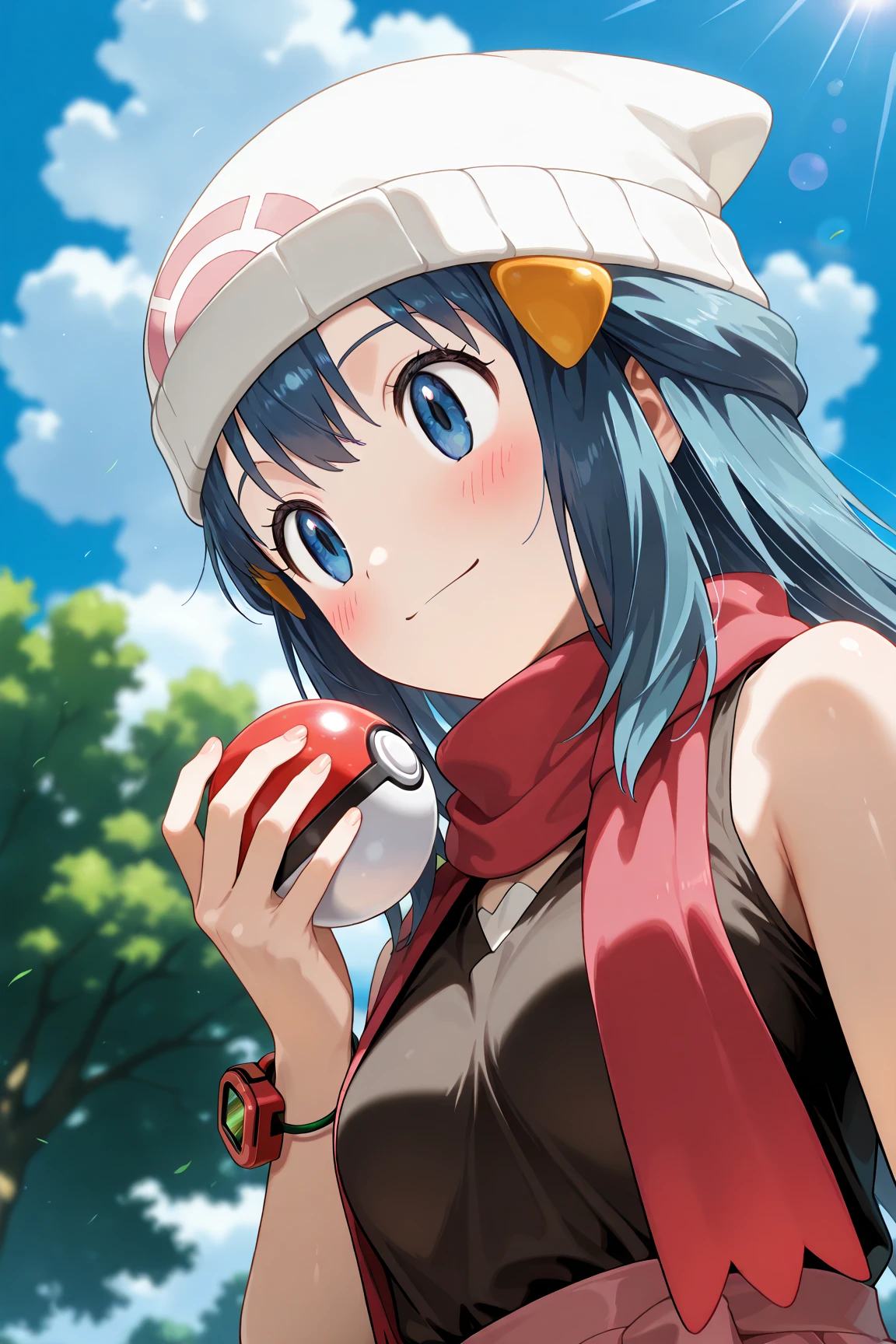 score_9, score_8_up, score_7_up, score_6_up, score_5_up, score_4_up, source_anime, aadawn, long hair, blue hair, beanie, white headwear, hair ornament, blue eyes, breasts, red scarf, sleeveless shirt, black shirt, wristwatch, bracelet, pink skirt, standing, outdoors, filed, flower, tree, holding poke ball, smile,

(realistic skin0.8),
Shiny, skin,

(blush:1.4), smile,
cinematic, dramatic, (blurry background:1.4), depth of field, 
1girl, solo, joyful, smile, dynamic pose, dynamic angle, from below, 
outdoors, nature,
(portrait:1.7),
(focus on face:1.2),
(closed-up shot:1.5),
sunny,
blue sky,
cloud,
sunlight,
wind,