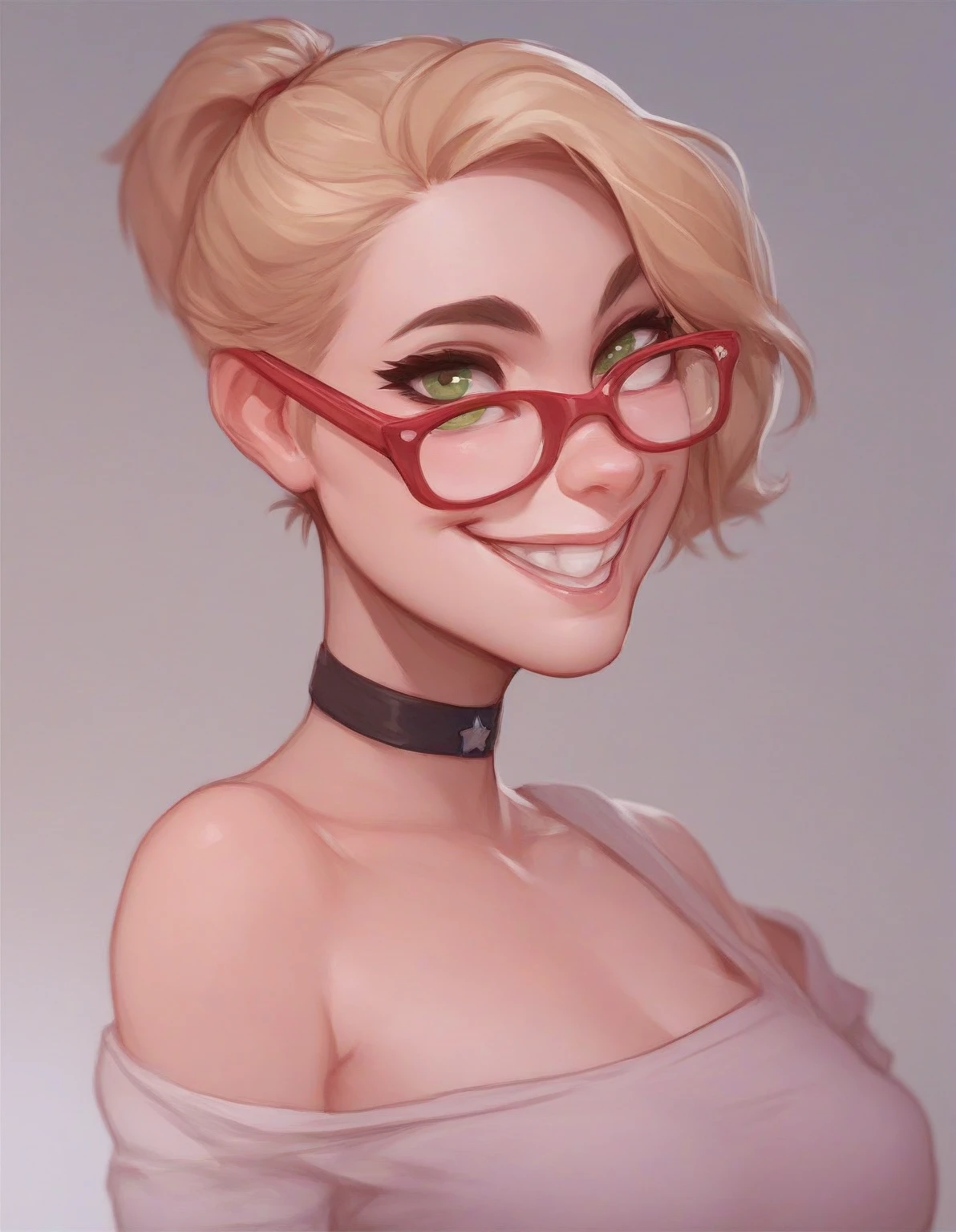 darcy, glasses, 1girl, red-framed eyewear,short ponytail, short hair, blonde hair, teeth, breasts, smile, choker, green eyes, small breasts, looking at viewer, shirt, off shoulder,