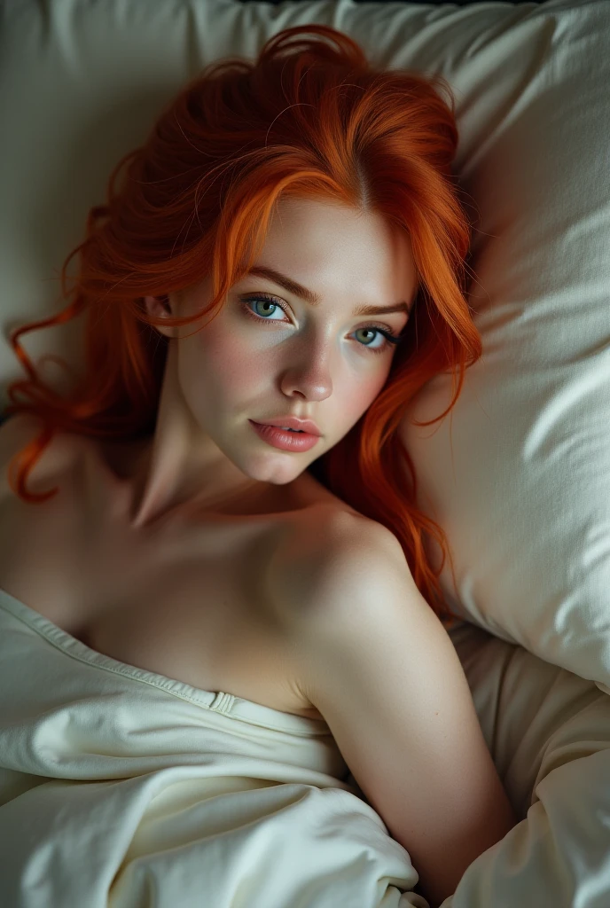 Sexy female lying on bed half naked with long red hair, green eyes