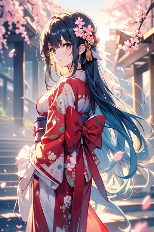 Asuna, Masterpiece,  top quality,   Details, ( One Girl ), Alone,   Details golden eyes,  long hair,  is standing,  On, (  Details kimono),  ogipote,  Medium Breasts,  ( turn your arms around your back ), water, sunset, ( hair accessories), (Cherry blossoms bloom),   Take off your panties 