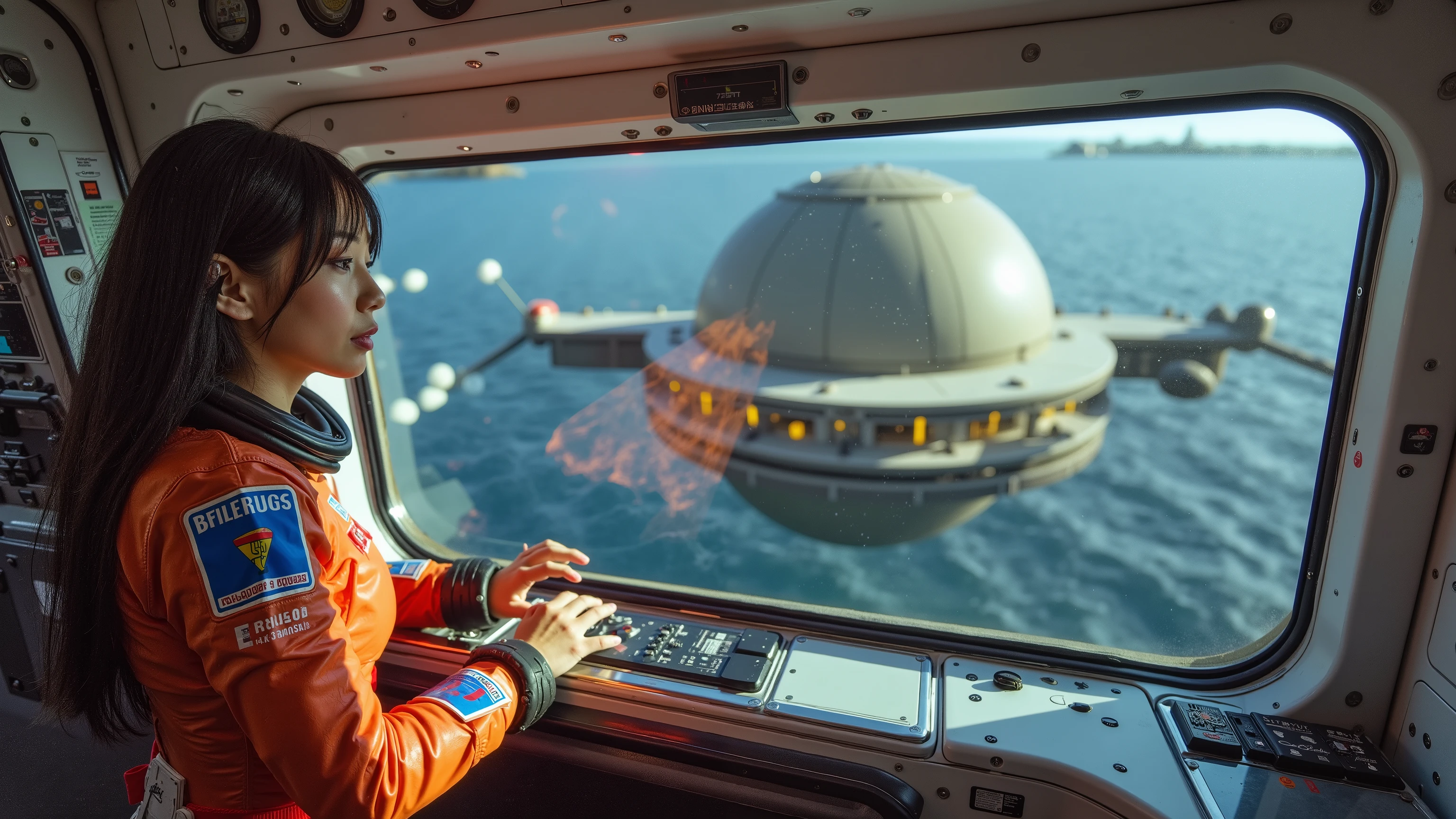 A cute woman (sexy space suit, professional hair, age 20), is looking out the viewport of a passenger space ship, she is looking at a large space station (it is an enormous space station with huge glass bubble domes connected to the main station by huge tubular arms, many ship docking bays), giant space station floating in space, deep space