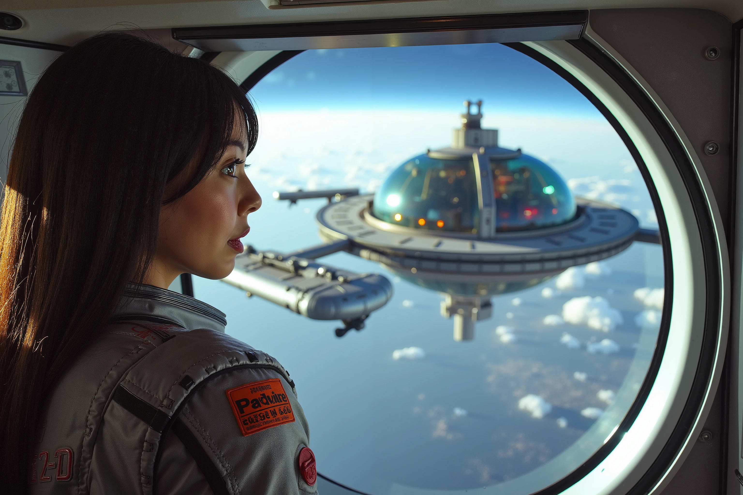 A cute woman (sexy space suit, professional hair, age 20), is looking out the viewport of a passenger space ship, she is looking at a large space station (it is an enormous space station with huge glass bubble domes connected to the main station by huge tubular arms, many ship docking bays), giant space station floating in space, deep space