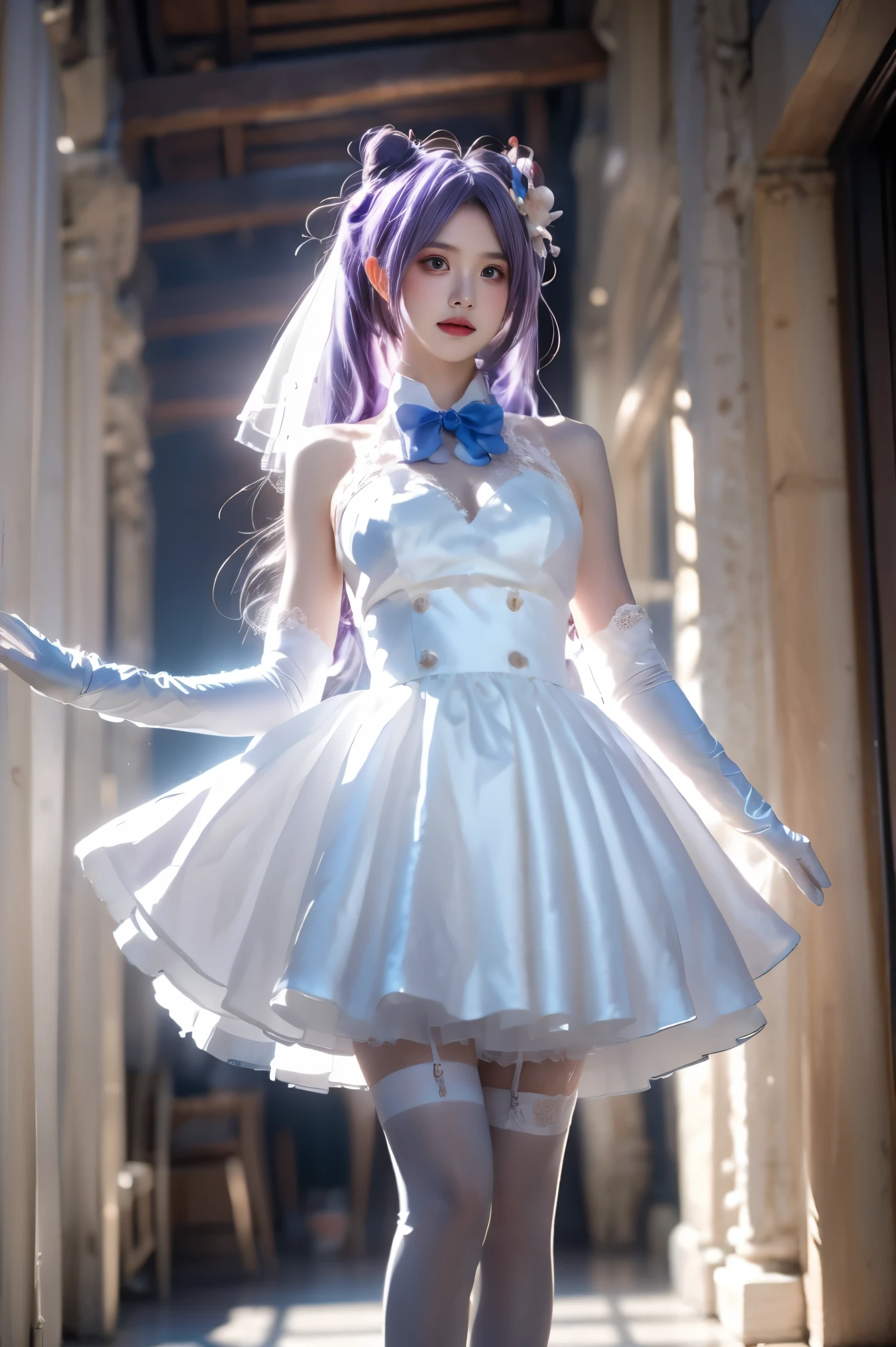 keqing cosplay costume, keqing, cosplay, alternate costume, purple hair, twintails, long hair, hair bun, cone hair bun, dress, white dress, wedding dress, sleeveless dress, frills, lace trim, gloves, white gloves, elbow gloves, bow, bowtie, flower, veil, bridal veil, bride, hair ornament, hair flower, hair ribbon, hair bow, thighhighs, lace-trimmed legwear, frilled thighhighs, white thighhighs, high heels (knee shot:1.3), (from below:1.2), photorealistic beautiful woman, (Full breasts, visible cleavage), fashion model with long legs, standing in a hallway, portico corridor, single bare shoulder, slim figure, (high detailed skin:1.2), soft ambient lighting, depth of field, 85mm portrait photography, natural shadows, fashion photography style, elegant pose, professional modeling shot, high resolution, masterpiece, best quality