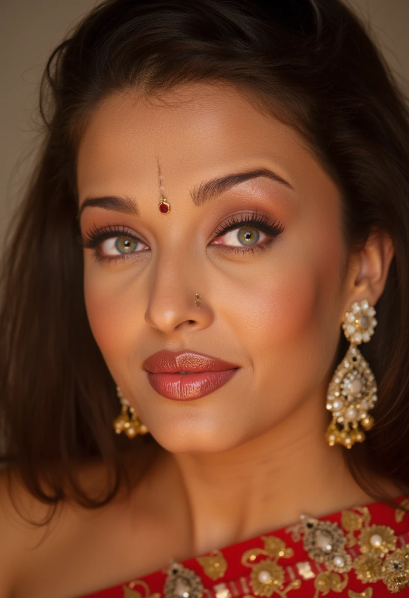  Aishwarya rai MILF close up picture , wearing a hoop earings ,hoop nose ring , Sindoor and bindi on forehead , married hindu bhabhi ,traditional hindu women