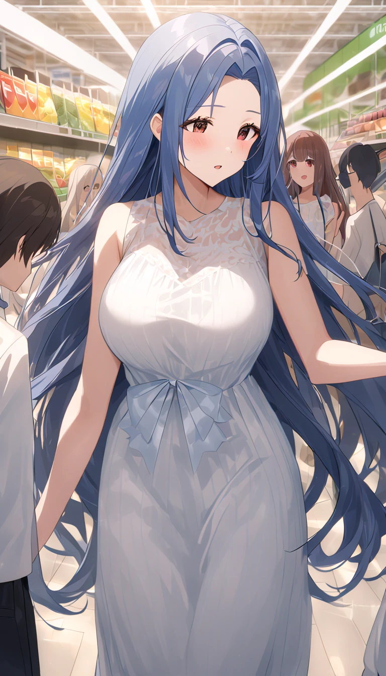 Big Breastsの女の子がレースのマイクロブラを着けて、 goes shopping in a supermarket with lots of people,  touch very long hair ,  Blue Hair,  ,   brown eyes,  red eyes,  Big Breasts, , Sleeveless,  shoulder out, Bare arms,  clevis on a stone