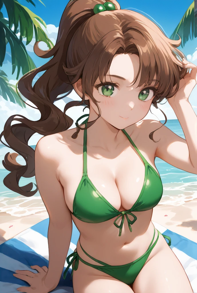 Source_9_up, source_8_up, source_7_up,, source_anime, ((masterpiece)), (best quality), (ultra-detailed), bangs, Ponytail, brown hair, piral curl,wavy hair, green eyes, bikini, green bikini, beach, solo.