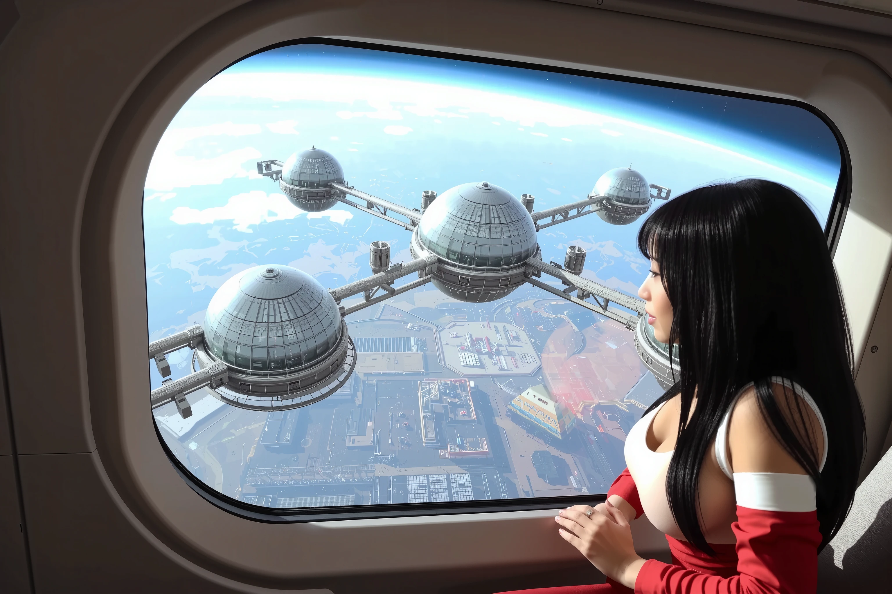 A cute woman (sexy space suit, professional hair, age 20), is looking out the viewport of a passenger space ship, she is looking at a large space station (it is an enormous space station with huge glass bubble domes connected to the main station by huge tubular arms, many ship docking bays), giant space station floating in space