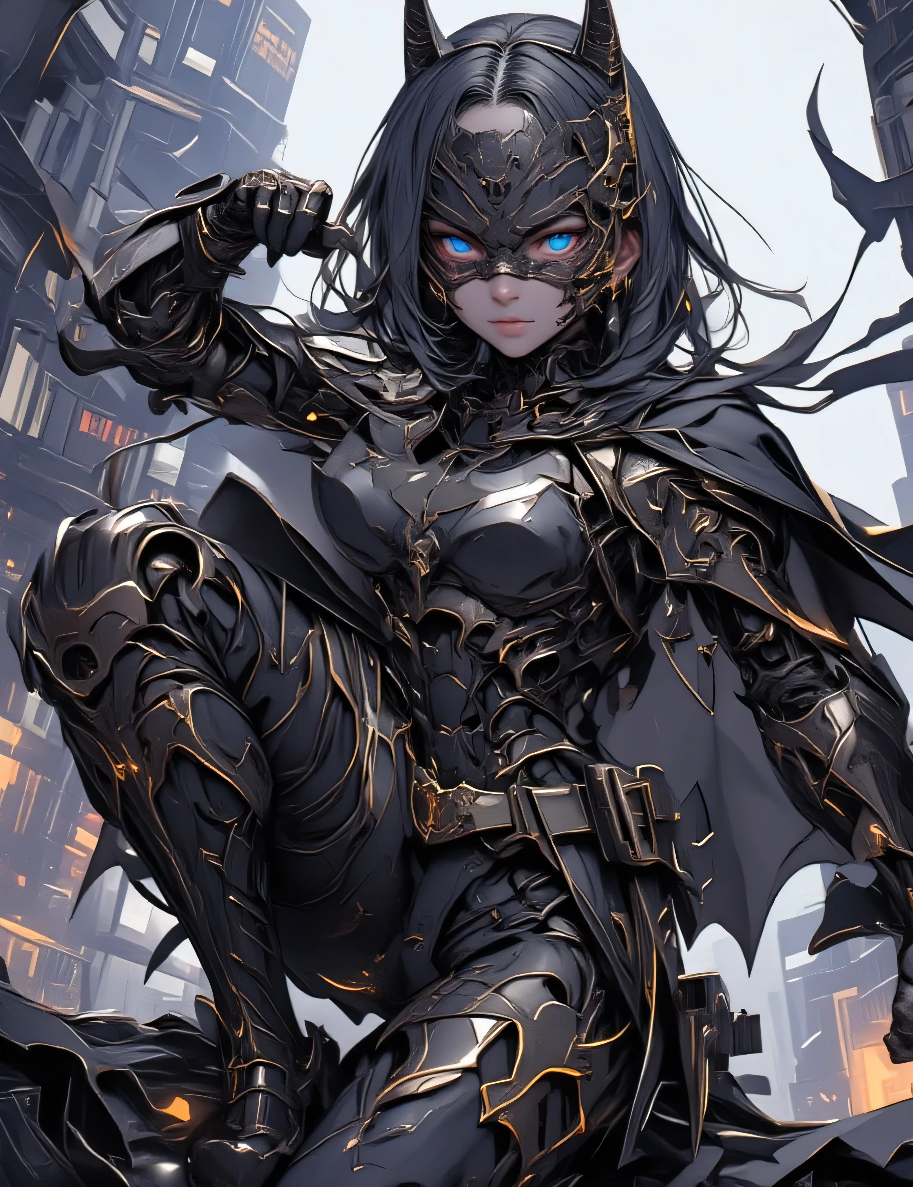 general plan, full body view, 1 beautiful young girl who is none other than an alternate version of Batgirl with part of her black armor combining medieval and cyberpunk break/, accessory: Batman's shiny black belt. break/, clothing: she wears Batgirl's mask and armor that combines the past ((Medival)) and the future ((cyberpunk)) , a long cape. break Feature: the young girl hits or kicks the viewer, break/, environment: roof of the batmobile break/masterpiece, best quality, lighting, fast shutter speed, very realistic hands, anatomically accurate representation, Unique, 8k, implies absurd, ultra realistic , (highly detailed説明), (professional), (vibrant colors), (portrait), (soft lighting), (high resolution)