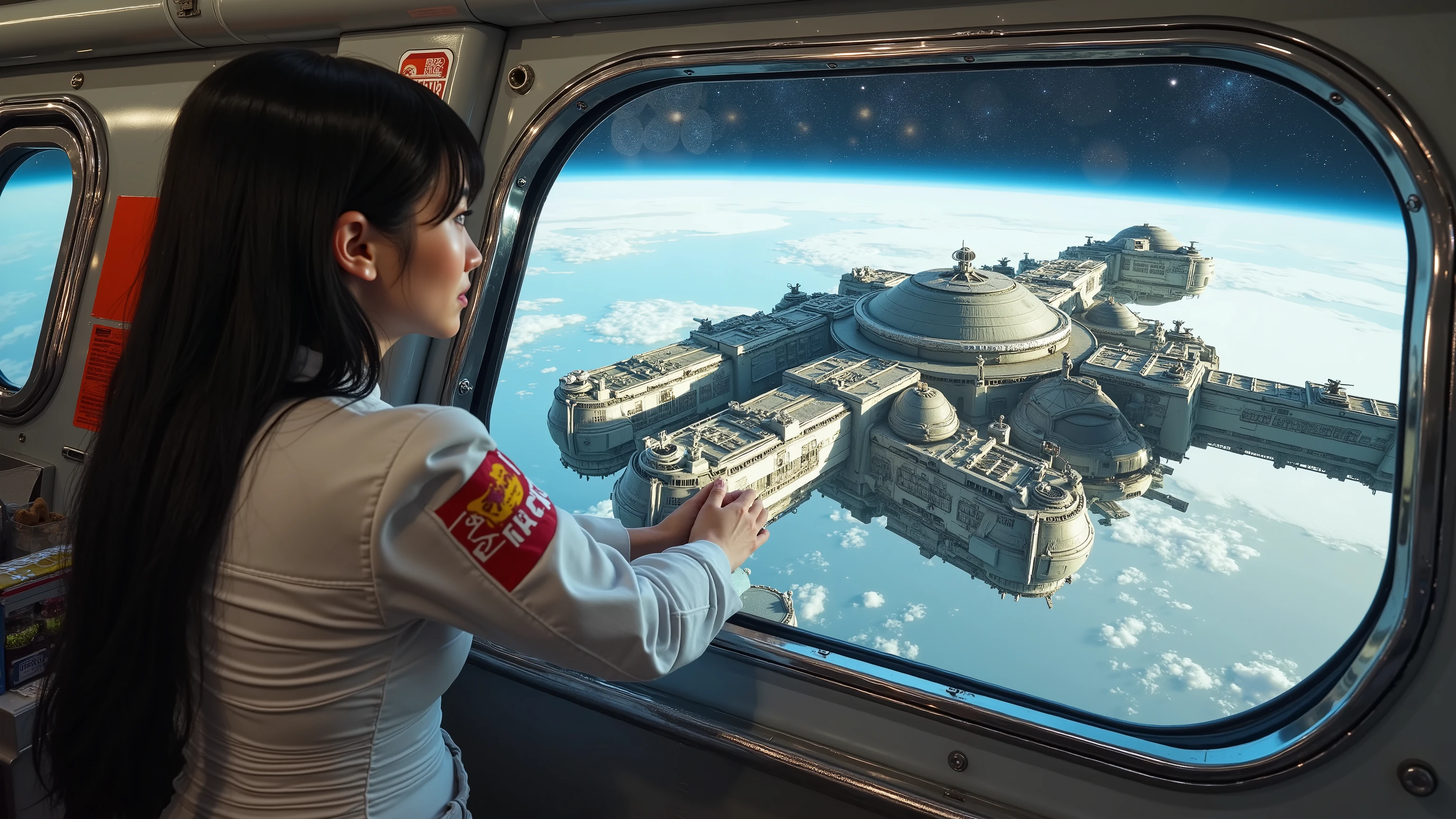 A cute woman (sexy space suit, professional hair, age 20), is looking out the viewport of a passenger space ship, she is looking at a large space station (it is an enormous space station with huge glass bubble domes connected to the main station by huge tubular arms, many ship docking bays), giant space station floating in space, deep space