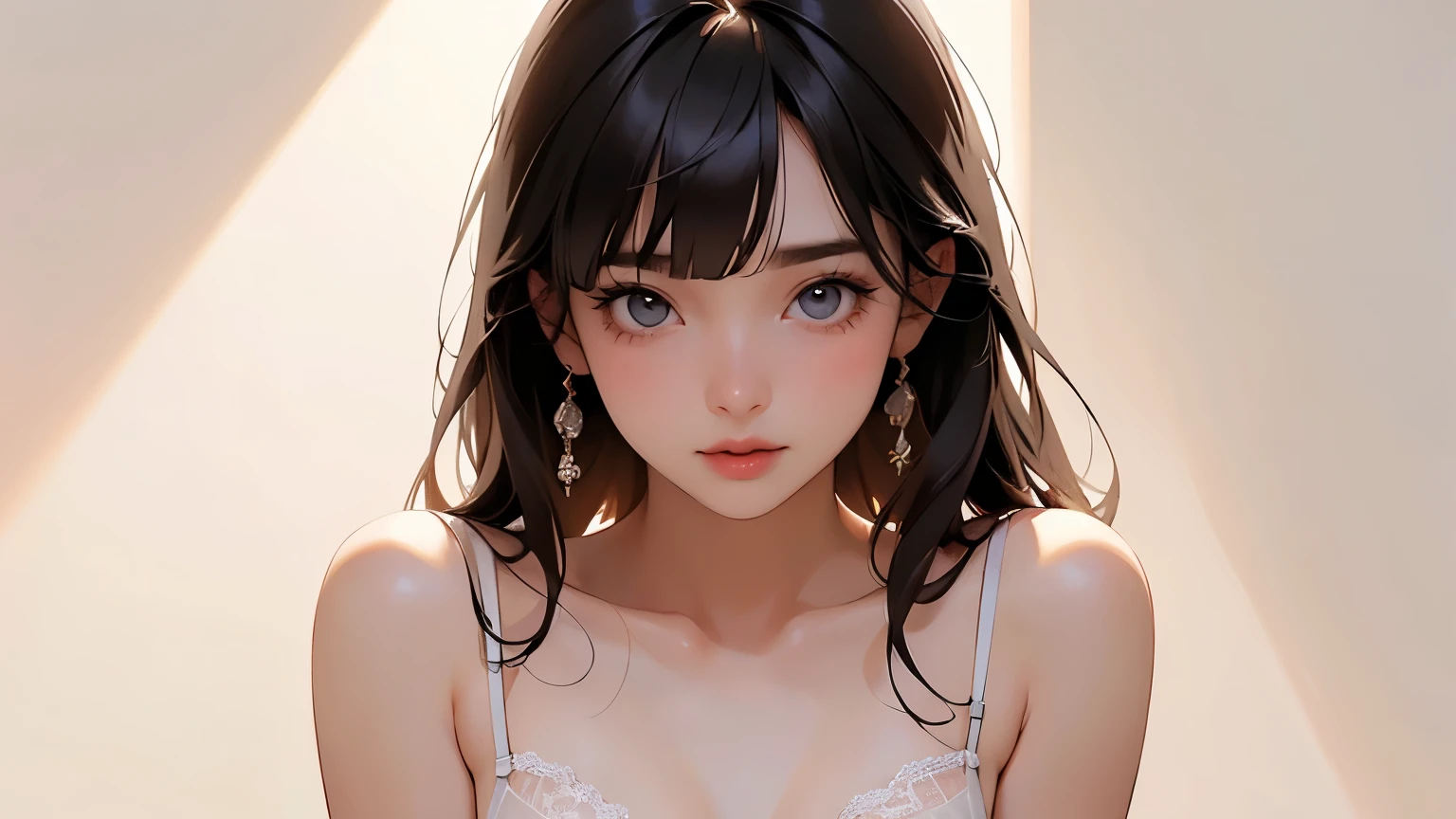 One girl、 hide their breasts with both hands、 topless、 small breasts、 see-through lingerie 、 lace lingerie 、 flat bangs, depicts details of cute faces、 cinematic lighting、Cinematic Light、Soft light、 indirect lighting、 photorealistic , Masterpiece, top quality , break (Blank background:1.2)、( white background;1.2)、