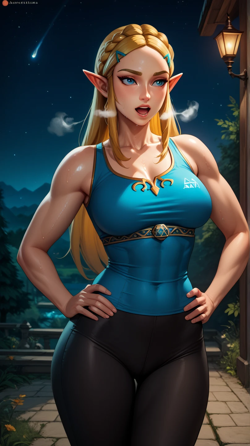 masterpiece, best quality, highres, aazelda, Princess_Zelda, long hair, crown braid, hairclip, pointy ears, blue tanktop,, black pants with yellow stripes, tight pants, night, standing, cowboy shot, outdoors, out of breath, sweaty, sweating, hands on hips, open mouth 