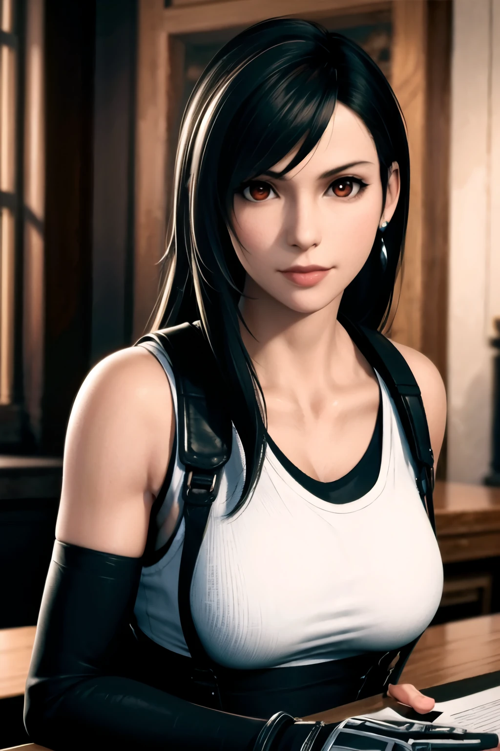 (masterpiece:1.2), best quality, masterpiece, highres, original, extremely detailed wallpaper, perfect lighting,(extremely detailed CG:1.2), drawing, paintbrush, 1girl, black hair, breasts, brown eyes, earrings, elbow gloves, gloves, jewelry, lips, long hair, looking at viewer, realistic, shirt, solo, suspenders, tank top, taut shirt, tifa lockhart, upper body,