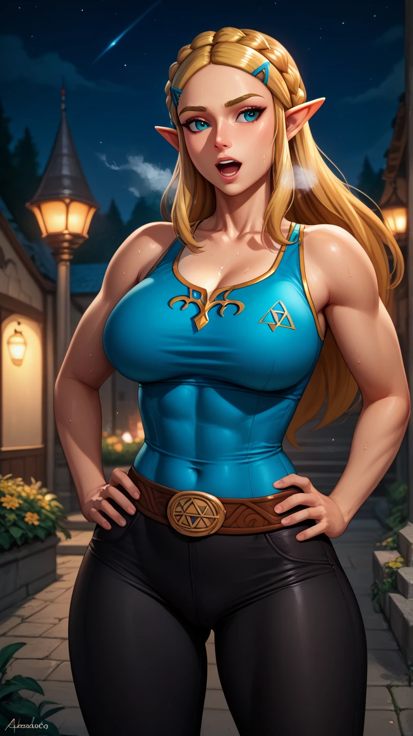 masterpiece, best quality, highres, aazelda, Princess_Zelda, long hair, crown braid, hairclip, pointy ears, blue tanktop,, black pants with yellow stripes, tight pants, night, standing, cowboy shot, outdoors, out of breath, sweaty, sweating, hands on hips, open mouth 