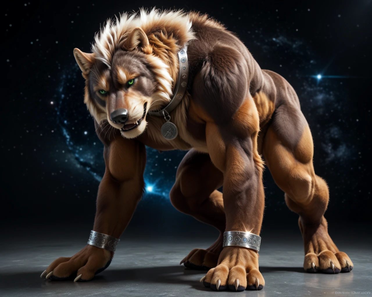 score_9, score_8_up, score_7_up, score_6_up, wolverine, male, bright colors, with mane, anthro, he welcomes a space colony, naked, human-like hands, (detailed background), high quality, furred body, fluffy, silver bracelets on all legs, silver bracelets on the calf, with claws, silver collar with medallion, intense panther-coat-pattern on the entire body, (detailed eyes, green eyes), slightly muscled, highly detailed, beautiful, photorealism, photorealistic, dslr, photo, full body, pawpads, paw pads