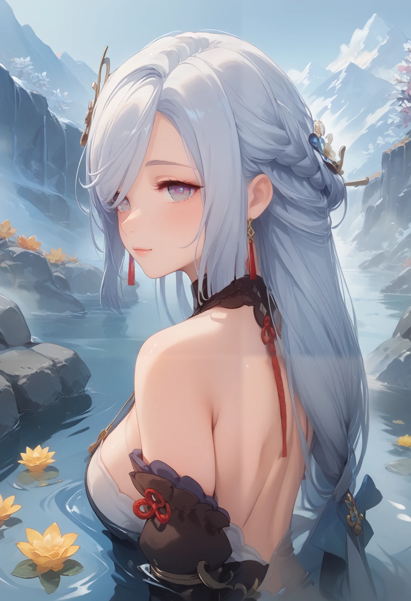 shenhe_\(genshin_impact\), hiten kei style, claude monet, oil painting, masterpiece, hyper realistic, realistic skin, best quality, 1girl, lakeside, huge breasts, huge nipples, erect nipples, looking at another, topless, full body, vector illustration, nipples, light smile, blunt bangs, long hair, stomach, navel, bare shoulders, white hair, braided, wet, soaked, raining, sarong, loincloth, black pantyhose, red tassel, magnolia leaves, autumn, sky, hands up, arched back, stretching, open mouth, bored, waterfalls, cliffs, falling leaves, resting, holding a wooden pail, wet body, pouring rain, washing her body, taking bath, arched back, floating orbs, enchanted light, glowing flowers