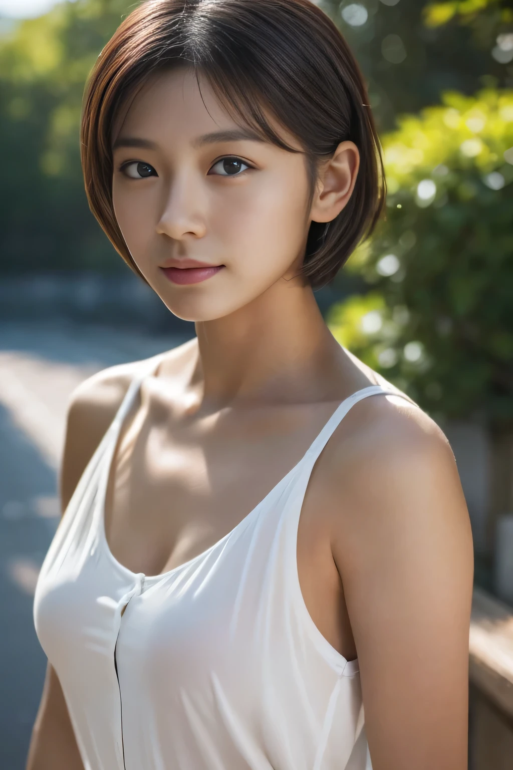 Arafed asian woman in white tank top posing for a picture - SeaArt AI
