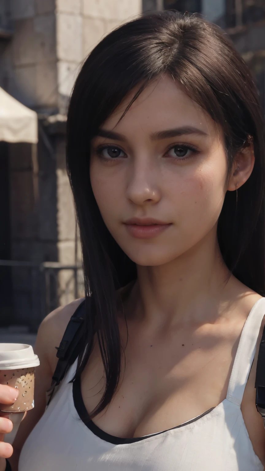 (Perfect lighting, Perspective parfaite, 8K RAW, cheveux noirs naturels,1fille, belle machoire, Very detailed, Realistic, 8K RAW,detailed face, cheveux noirs, 30 years old tifa lockhart, with long black hair, red large eyes, narrow face, wide mouth, curved brows, Tifa lockart hairstyle, Eye contact, cinematic lighting, vibrant colors, detailed skin texture, fully dressed, beautiful detailed perfect face, intricate sharp details, ultra high res, hot summer, acne, moles, spots, very happy, morning, sourire timide, cinematic lighting, vibrant colors, detailed skin texture, beautiful detailed perfect face, intricate sharp details, ultra high res, morning, delicate fingers, beautiful detailed red eyes, Facial light, nombril, High exposure, ((holding a small coffee cup)), outdoor, ftifa, (photorealistic: 1.45)