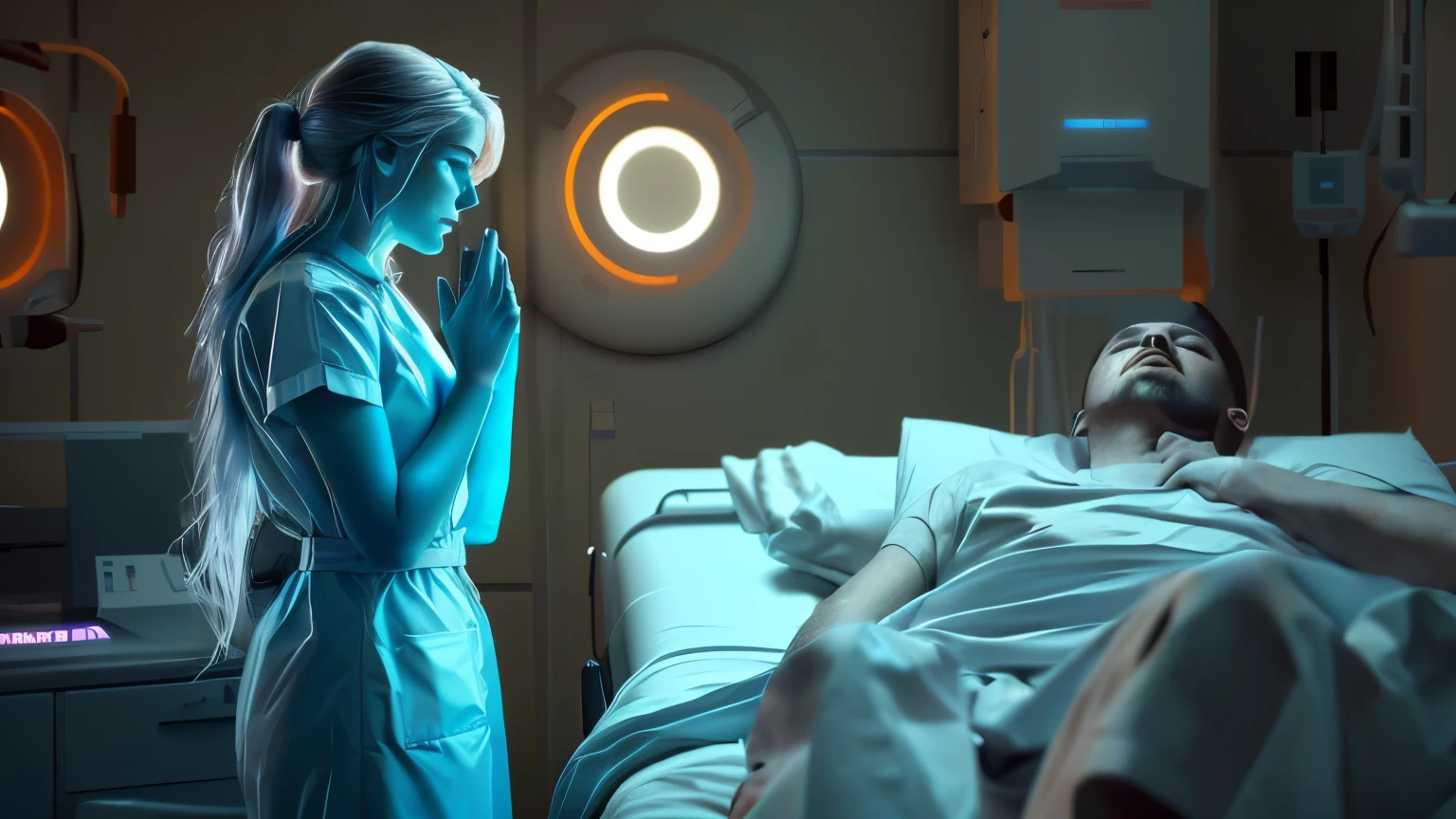 there is a woman standing next to a man in a hospital bed, realism | beeple, beeple and mike winkelmann, artem demura beeple, beeple. hyperrealism, recusion beeple, by Mike Winkelmann, beeple and tim hildebrandt, hyper realistic image