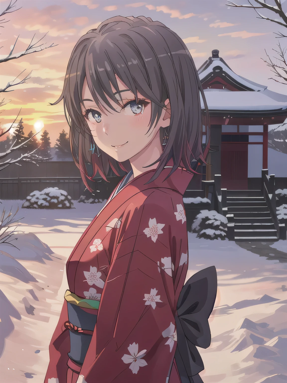 A breathtakingly beautiful 20-year-old woman with a slender physique, dressed in an elegant black and red kimono suitable for the Japanese New Year. She stands against the serene backdrop of a New Year's sunrise, featuring a traditional Japanese shrine, snow-covered grounds, and vibrant red camellias in bloom. Her gentle smile and friendly expression harmonize with the peaceful atmosphere of the snowy morning. (RAW photo, top quality, realistic, photo-realistic:1.4), (masterpiece, extremely detailed, 2k wallpaper), (Ultra Details, high res, soft light, cinematic lighting), (perfect anatomy, slender body), (extremely detailed eyes and face, beautiful nose, beautiful eyes). black_hair, short_hair, brown_eye, 前hair, hair_ between queen _eye。