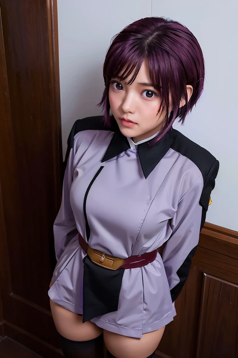 Masterpiece,  top quality,  high definition,  One Girl , Alone, , uniform,  shorthair ,  ,  black knee-highs, Red Hair,  purple eyes,  purple hair, nudes、naked, is standing