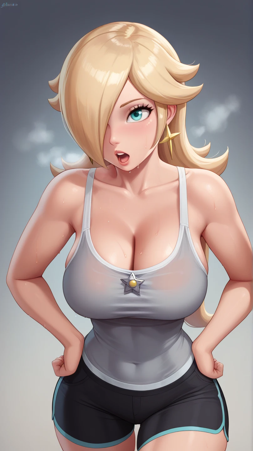 rosalina, blonde hair, long hair, hair over one eye, aqua eyes, cowboy shot, brown eyes, looking at the ground, large breasts, hands on hips, grey tanktop, sweaty, black shorts, extausted, open mouth, dripping sweat, sweating purfusly, chin sweating, arms sweaty, breathing, steam coming out her mouth, half body, sexy