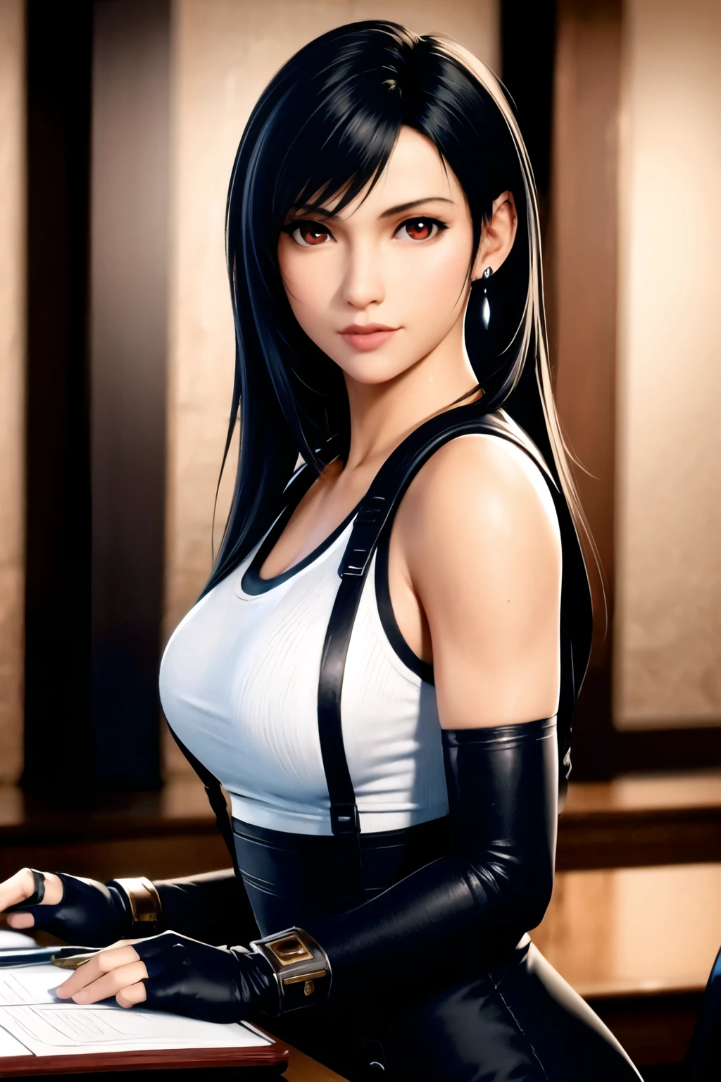 (masterpiece:1.2), best quality, masterpiece, highres, original, extremely detailed wallpaper, perfect lighting,(extremely detailed CG:1.2), drawing, paintbrush, 1girl, black hair, breasts, brown eyes, earrings, elbow gloves, gloves, jewelry, lips, long hair, looking at viewer, realistic, shirt, solo, suspenders, tank top, taut shirt, tifa lockhart, upper body,