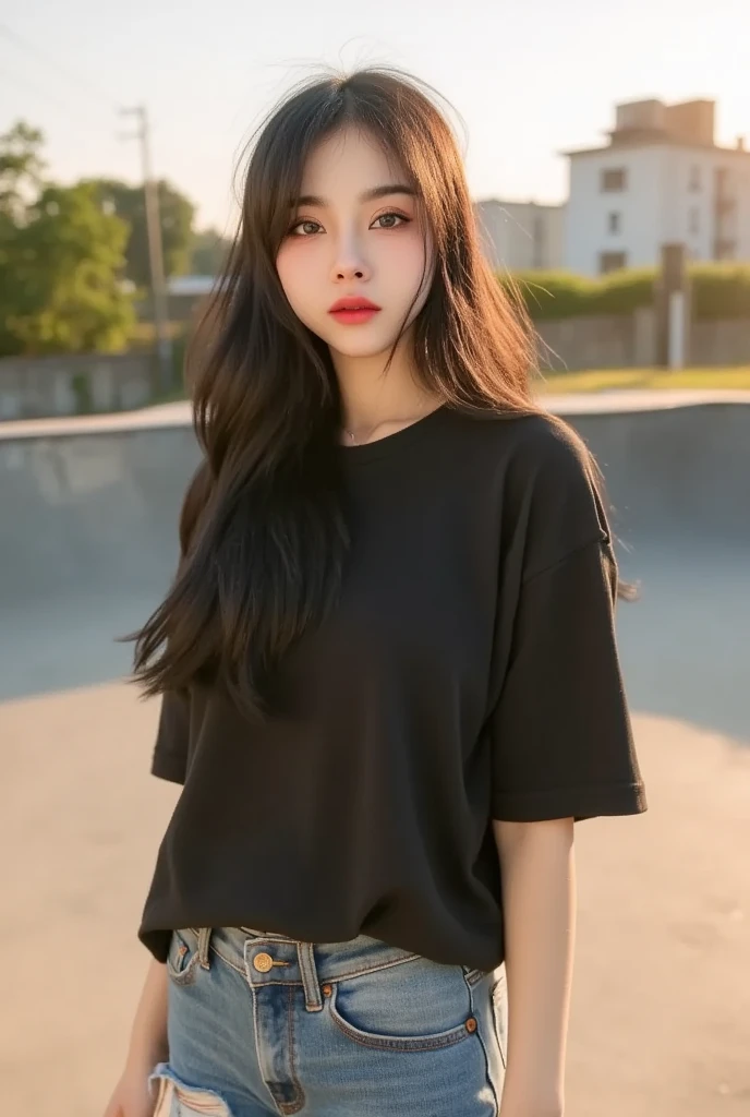 25 years old Korean woman, face details, deep focus, 4K masterpiece details, deep focus, sunlight hitting her makes her stand out (natural light, good light, afternoon light), she's wearing a vintage black oversized t-shirt, ripped jeans, vans, 90s fashion, standing and posing while waiting at a skateboard park, full body.