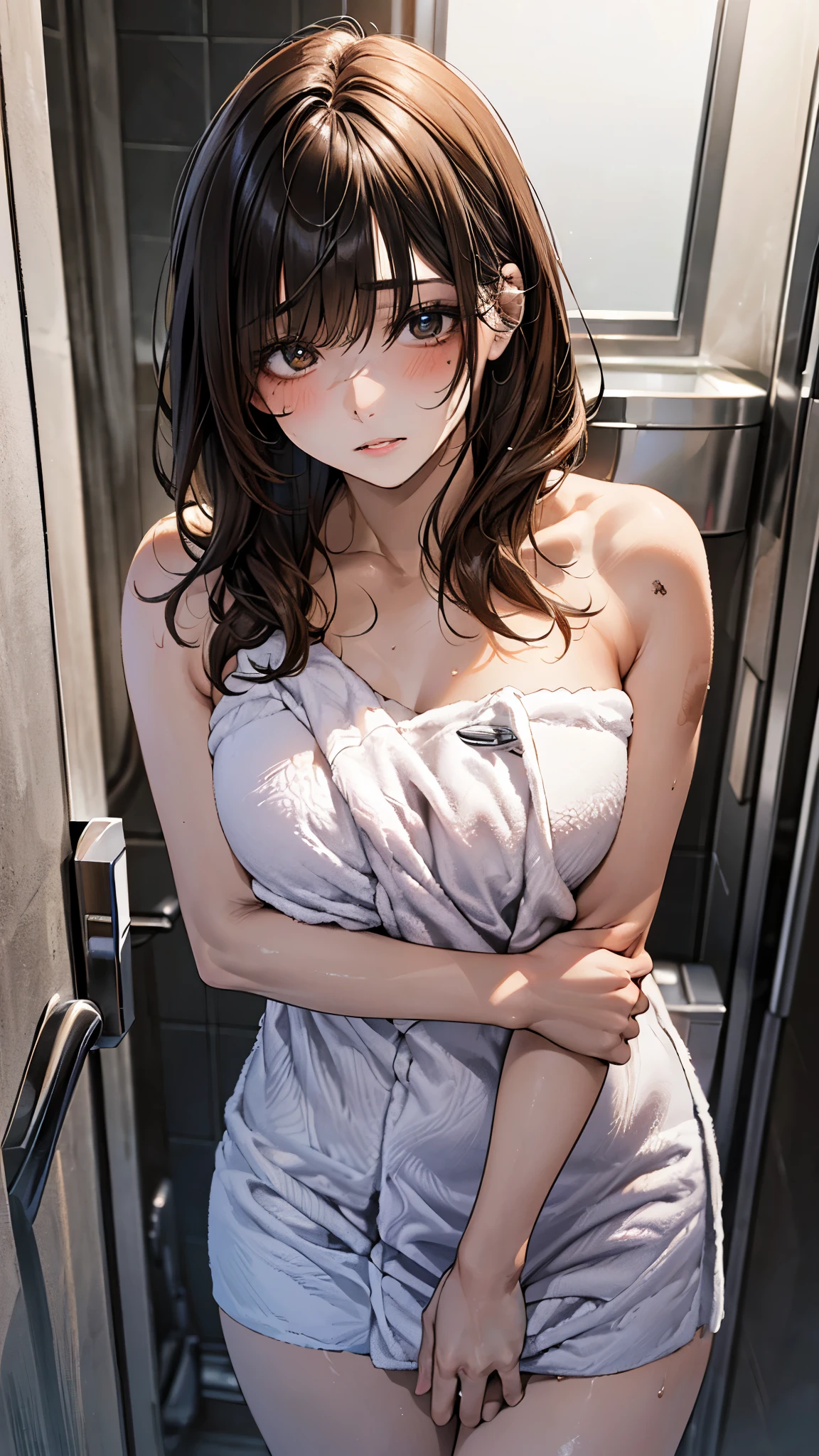 ((Masterpiece)), 8K, super low angle, wide shot, cinematic lighting, very messy hair, (Sitting in front of the clean and pure church), (exposed , oversized white camisole, dirty and torn, very tattered and torn, thin small breaste and big open mouth, barefoot), slum cityscape, textured skin, drsizukachan1, dress