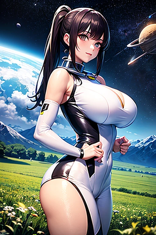  very beautiful woman,bangs,pigtail, big breasts,Stylish spacesuit ,(space-clony,Landscape:1.5), wide shot,Earth glowing in the background