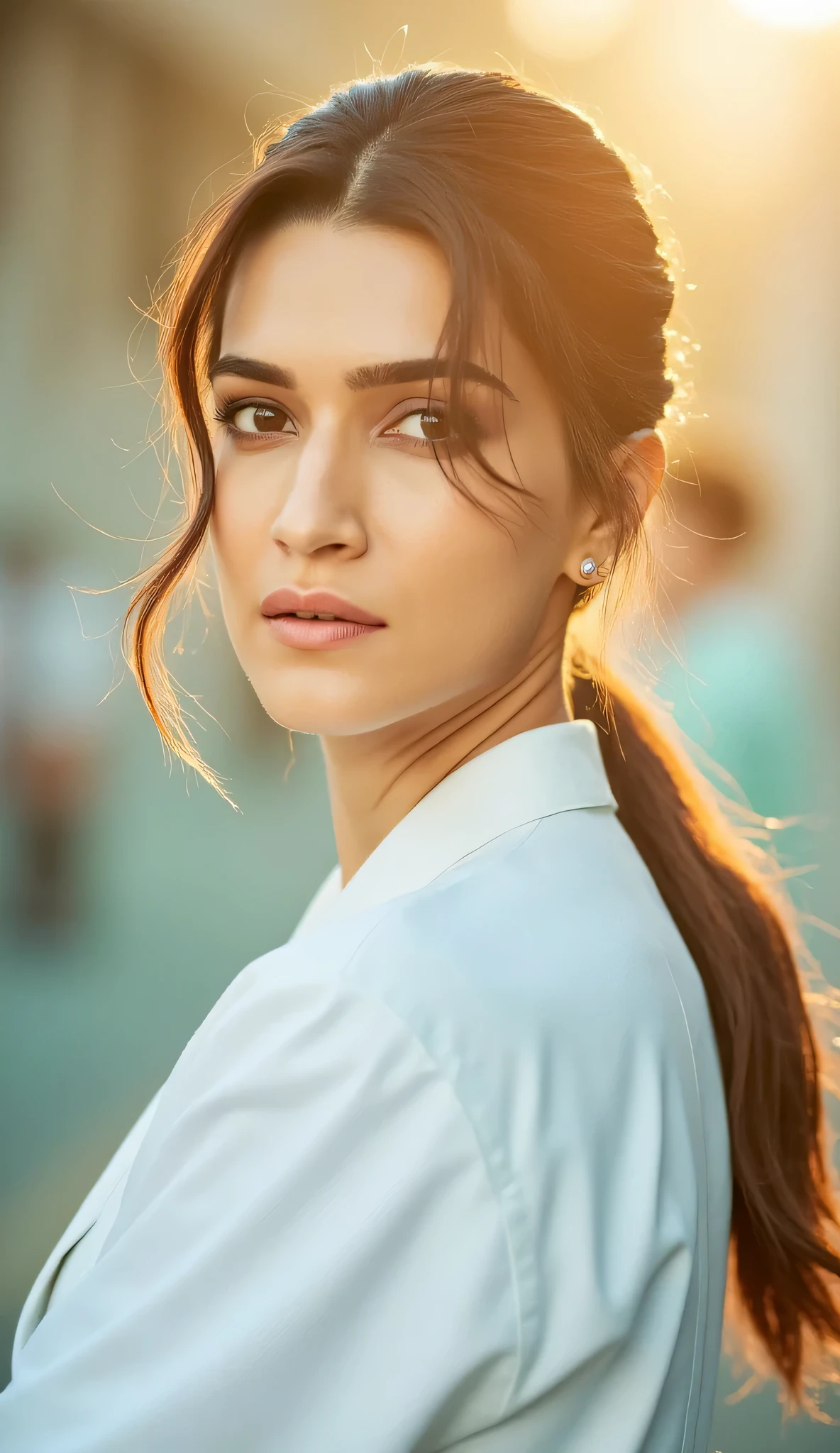 Gorgeous kriti sanon as a doctor in white uniform, she is standing outside a hospital, bokeh effect blur background, gorgeous face and hairs, (best quality, ultra high resolution, sharp focus, 8k, golden hour)