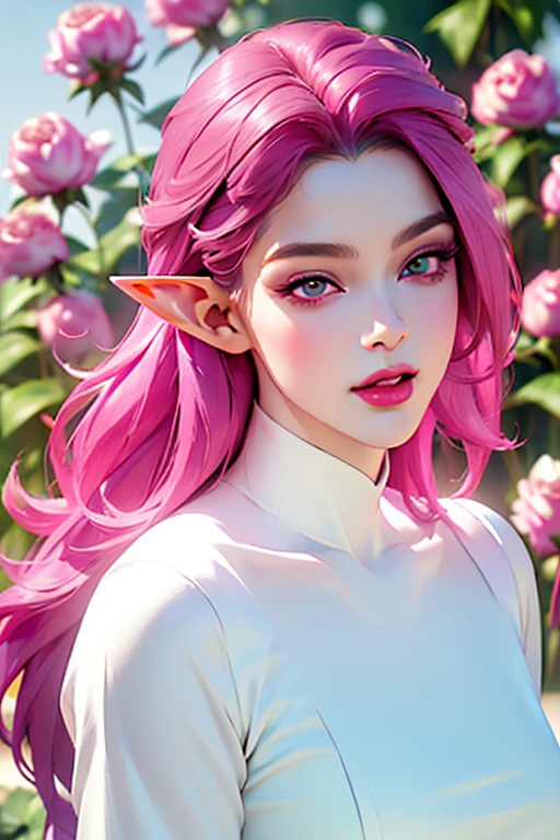 a portrait of a beautiful young female elf, age 25 years old, long magenta air, and magenta eyes. Wearing a white dress, luxurious and regal looking. formal looking. rich person. a half body portrait. Clean and dynamic lighting emphasizes her facial features and the subtle luxurious details of her dress. Background blurred with muted peonies, keeping all focus on the character. highly detailed eyes, anime eyes, detailed lashes. Ultra-realistic, highly detailed, 4K quality, Best Quality, Award Winning quality, cinematic masterpiece, (sleek and minimalist design:1.8), (elf girl:1.5), (luxurious but sexy white dress:1.3), (half body portrait:1.5), (magenta eyes:1.7), (happy expression:1.6), (clean lighting:1.6), (focused atmosphere:1.7), (white and pink peonies background:1.5), (long magenta hair:1.5), (rosy lips:1.6)