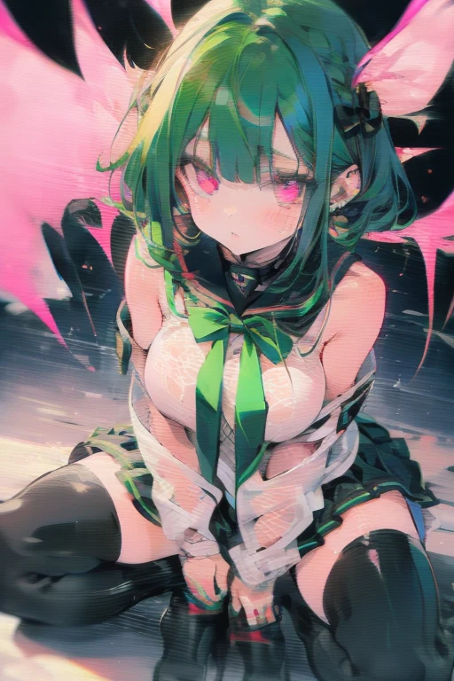 nsfw young girls long pastel green hair yellow eyes, breasts spilling milk, torn uniform messy lying on the floor with legs open, small pink breasts lactating, defined body, lost, disoriented look.