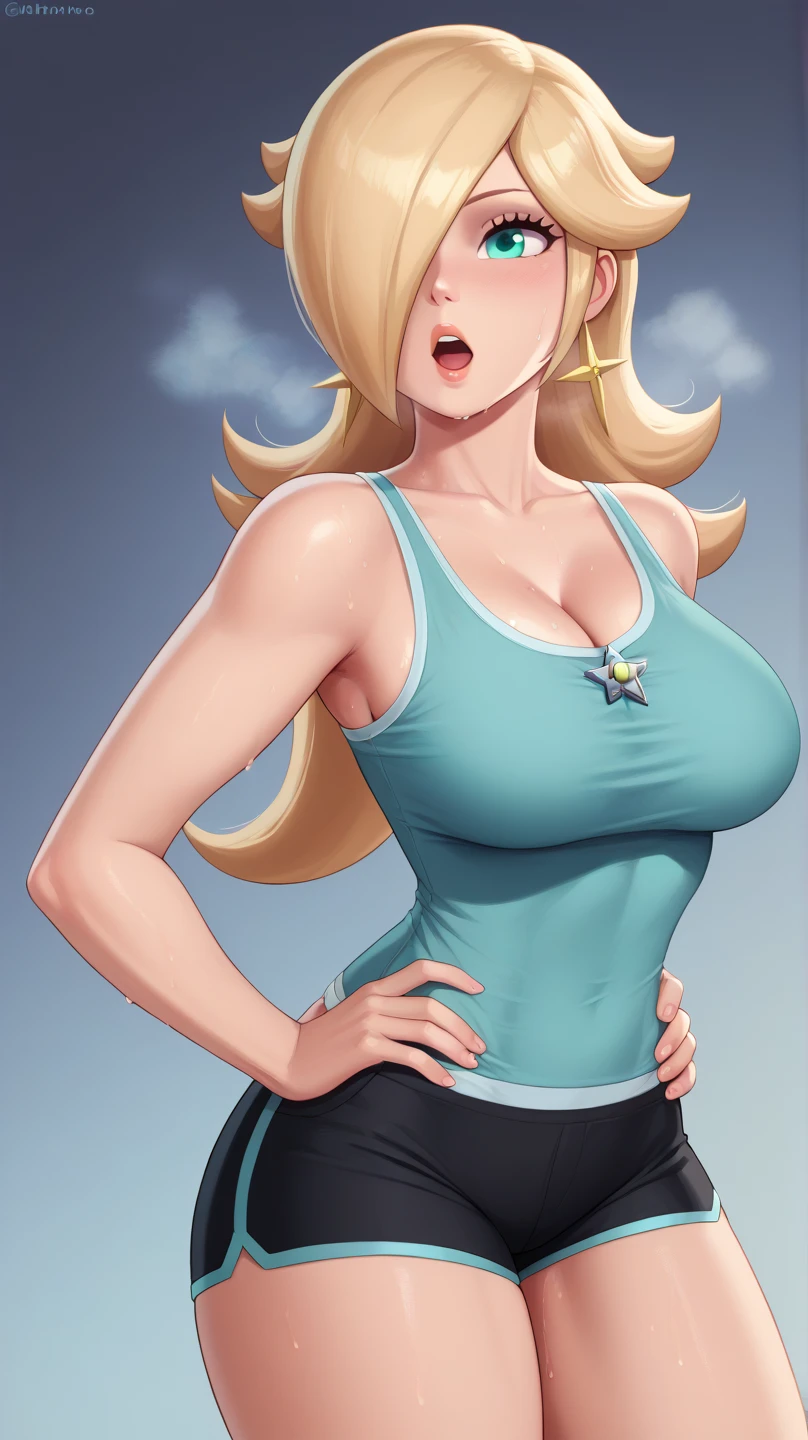 rosalina, blonde hair, long hair, hair over one eye, aqua eyes, cowboy shot, brown eyes, looking at the ground, large breasts, hands on hips, grey tanktop, sweaty, black shorts, extausted, open mouth, dripping sweat, sweating purfusly, chin sweating, arms sweaty, breathing, steam coming out her mouth, half body, sexy