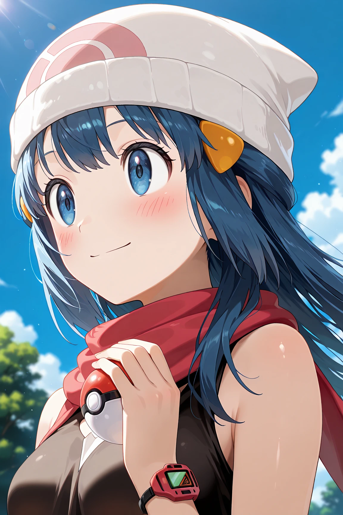 score_9, score_8_up, score_7_up, score_6_up, score_5_up, score_4_up, source_anime, aadawn, long hair, blue hair, beanie, white headwear, hair ornament, blue eyes, breasts, red scarf, sleeveless shirt, black shirt, wristwatch, bracelet, pink skirt, standing, outdoors, filed, flower, tree, holding poke ball, smile,

(realistic skin0.8),
Shiny, skin,

(blush:1.4), smile,
cinematic, dramatic, (blurry background:1.4), depth of field, 
1girl, solo, joyful, smile, dynamic pose, dynamic angle, from below, 
outdoors, nature,
(portrait:1.7),
(focus on face:1.2),
(closed-up shot:1.5),
sunny,
blue sky,
cloud,
sunlight,
wind,
振り返る,