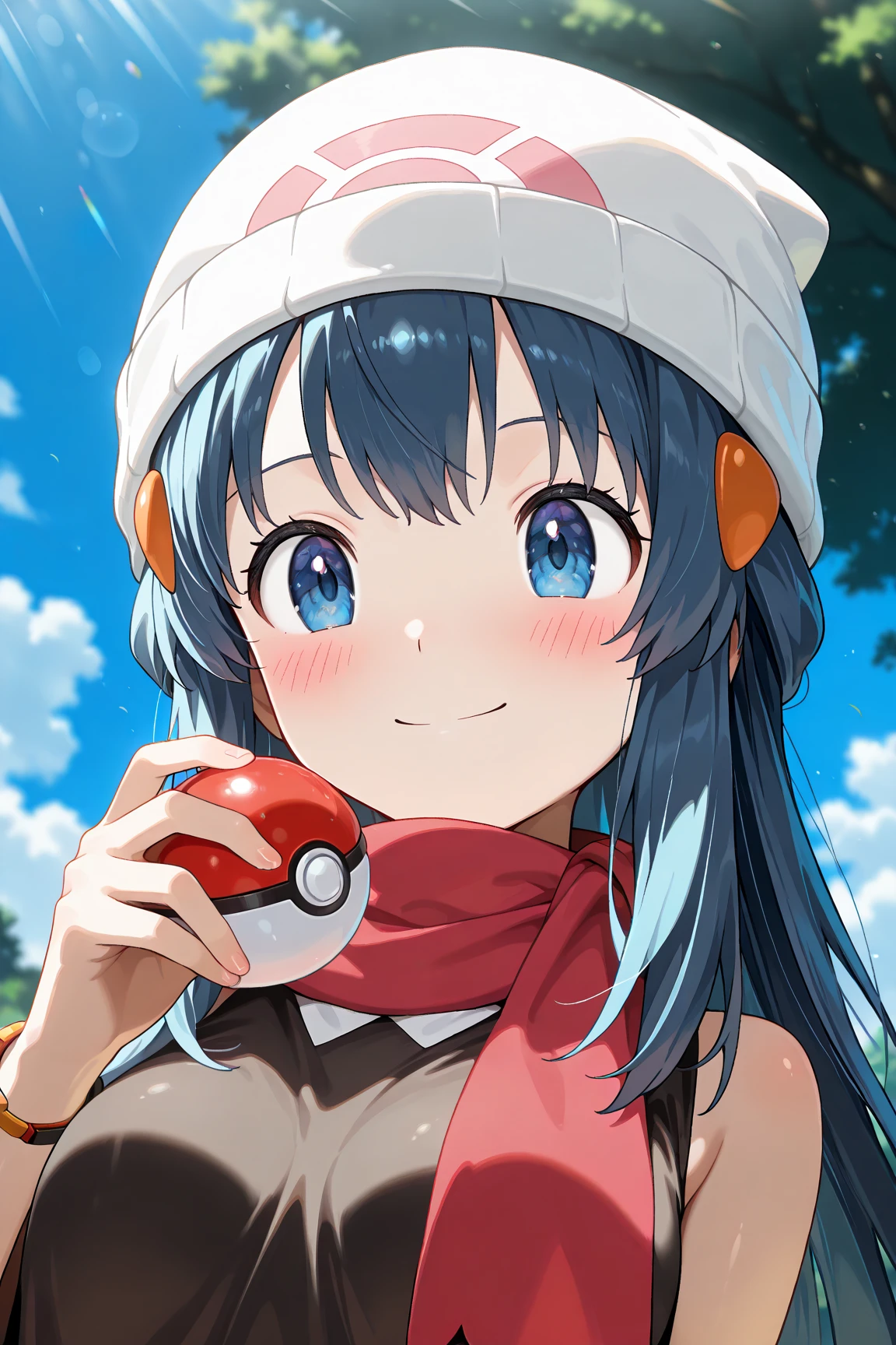 score_9, score_8_up, score_7_up, score_6_up, score_5_up, score_4_up, source_anime, aadawn, long hair, blue hair, beanie, white headwear, hair ornament, blue eyes, breasts, red scarf, sleeveless shirt, black shirt, wristwatch, bracelet, pink skirt, standing, outdoors, filed, flower, tree, holding poke ball, smile,

(realistic skin0.8),
Shiny, skin,

(blush:1.4), smile,
cinematic, dramatic, (blurry background:1.4), depth of field, 
1girl, solo, joyful, smile, dynamic pose, dynamic angle, from below, 
outdoors, nature,
(portrait:1.7),
(focus on face:1.2),
(closed-up shot:1.5),
sunny,
blue sky,
cloud,
sunlight,
wind,
振り返る,