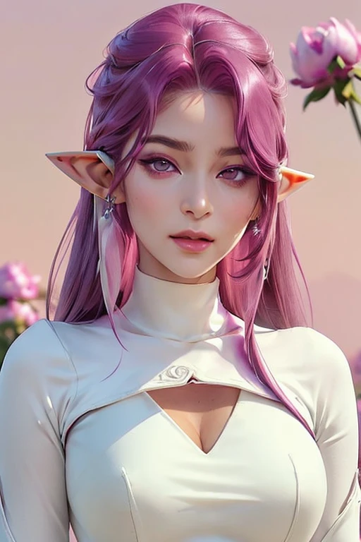 1girl, (((black kimono))), pink hair, cleavage, closed mouth, earrings, elf, flat, (((small chest))), (((flat chest))), ((((small breasts)))), ((((flat breasts)))), lips, lipstick, (((long hair))), looking at viewer, makeup, pointy ear, 8k, (((town)))