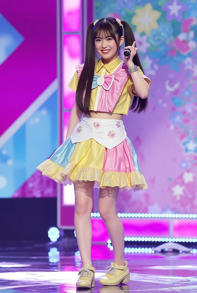 最high quality, 8k, Super detailed, Realistic, (One Girl,),Dancing,(((Ai Hoshino Dresses))),Six-pointed star in the eye,Microphone in right hand,((Colorful atmosphere)),Wink,(((Cute Style))),((saturated color)),(Ai Hoshino),Big eyes,Eyes of Fantasy,Purple Hair,Happy,hair accessory,((high quality)),touch pink and black dress,Anime Idol, Pretty face, The Face of Japan, 16 years old