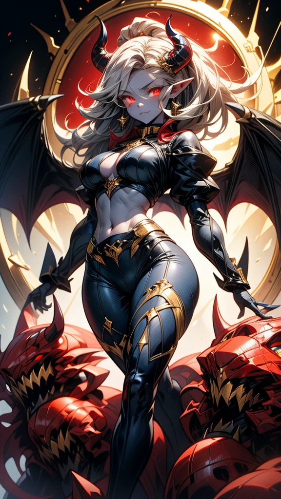 ((best quality)), ((masterpiece)), (detailed), 1 girl-dragoness warrior, 8k_wallpaper, extremely detailed eyes, (large masterpiece digital art), (intricate details:1.3 ), (ultra-detailed:1.3), (sharp focus:1.3), (natural lighting:1.05), (vivid colors:1.3), (best quality:1.4), high quality, expressive eyes, full body, detailed face, beautiful face, perfect face, ((hair sandy white curls)), dragon dark blue horns, (gold eyes), {{dark skin}}, ({dark skinned female}), big breasts, (huge chest), powerful relief muscles of the abdomen and legs, powerful strong muscles of the arms, abdominal piercings, cruel predatory and cold-blooded arrogant look, a predatory smile with many fangs, she is wearing an open dark blue silk lush kimono with patterns of golden maple leaves, a white translucent cotton crop-top outlines of nipples under clothing, leather mini-shorts, lowered leather wide red belts on the waist with large yarn, a backpack with, (long large dragon dark blue tail), she stands on the deck of a battle galleon moored in the city port of a fantasy world, clear sunny day, character concept art style,