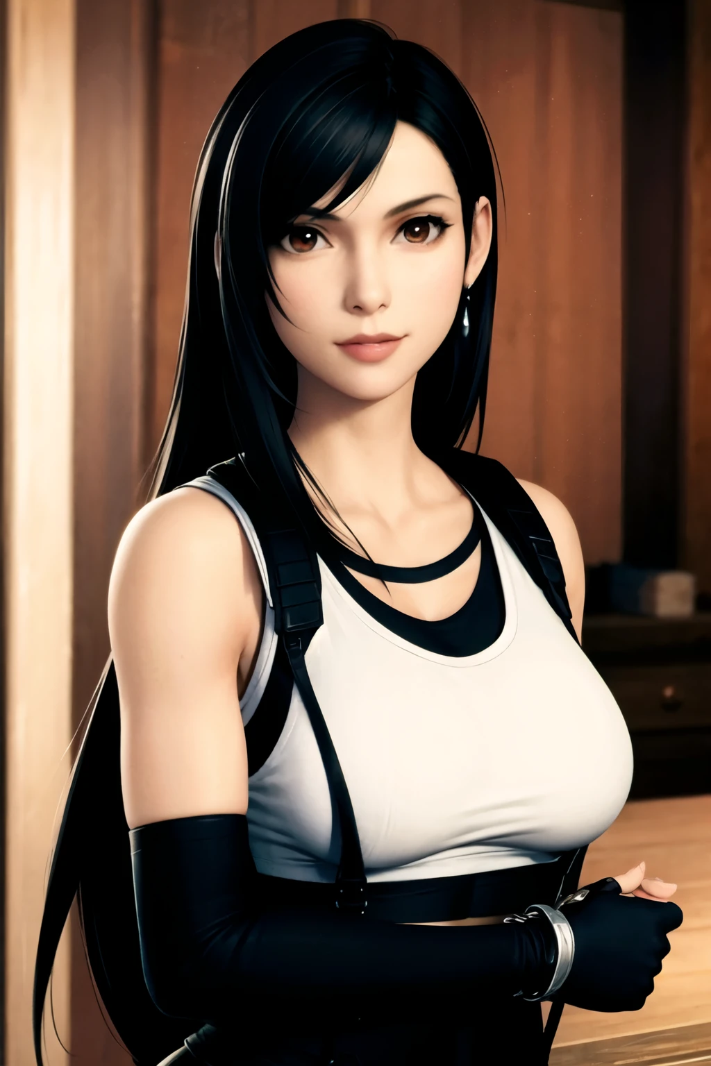 (masterpiece:1.2), best quality, masterpiece, highres, original, extremely detailed wallpaper, perfect lighting,(extremely detailed CG:1.2), drawing, paintbrush, 1girl, black hair, breasts, brown eyes, earrings, elbow gloves, gloves, jewelry, lips, long hair, looking at viewer, realistic, shirt, solo, suspenders, tank top, taut shirt, tifa lockhart, upper body,