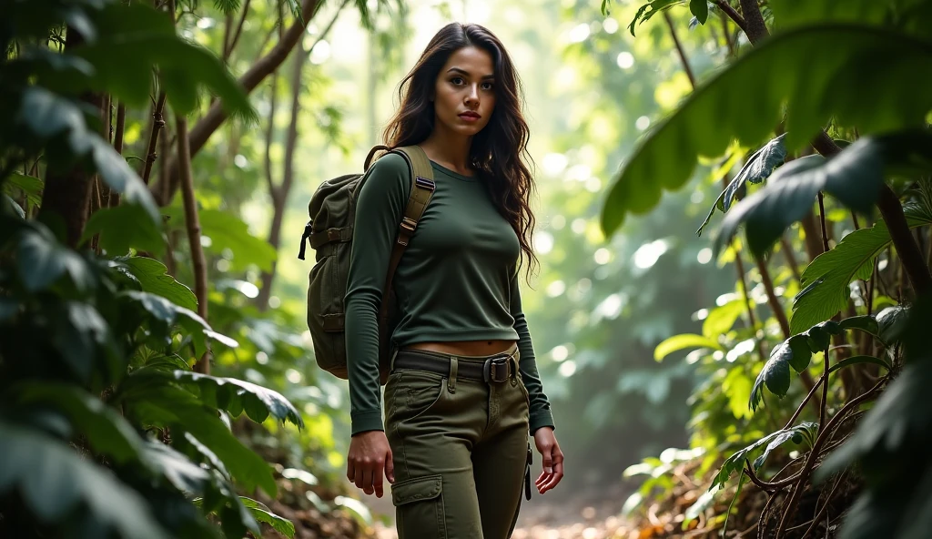 Zoe saldana, our adventurous lady embarks on a hiking trail. She wears a very short soaked white crop top over her round breasts, paired with a short black miniskirt and sturdy hiking boots. Her perfect butt is clearly visible under the miniskirt. A wide-brimmed hat protects her from the sun's rays, and a backpack is strapped around her shoulders that contains the most important supplies for the trip. With a determined and agitated expression on her face, she navigates through a lush forest surrounded by towering trees and the sounds of nature. Her eyes sparkle with anticipation as she embarks on a day of exploration and adventure. (Masterpiece:1.2) (photorealistic:1.2) (Bokeh) (best quality) (intricate details) (8K) (High Poly) (Raytracing) (Cinema Lighting) (Sharp Focus) (Detailed Face) (Detailed Pupils)