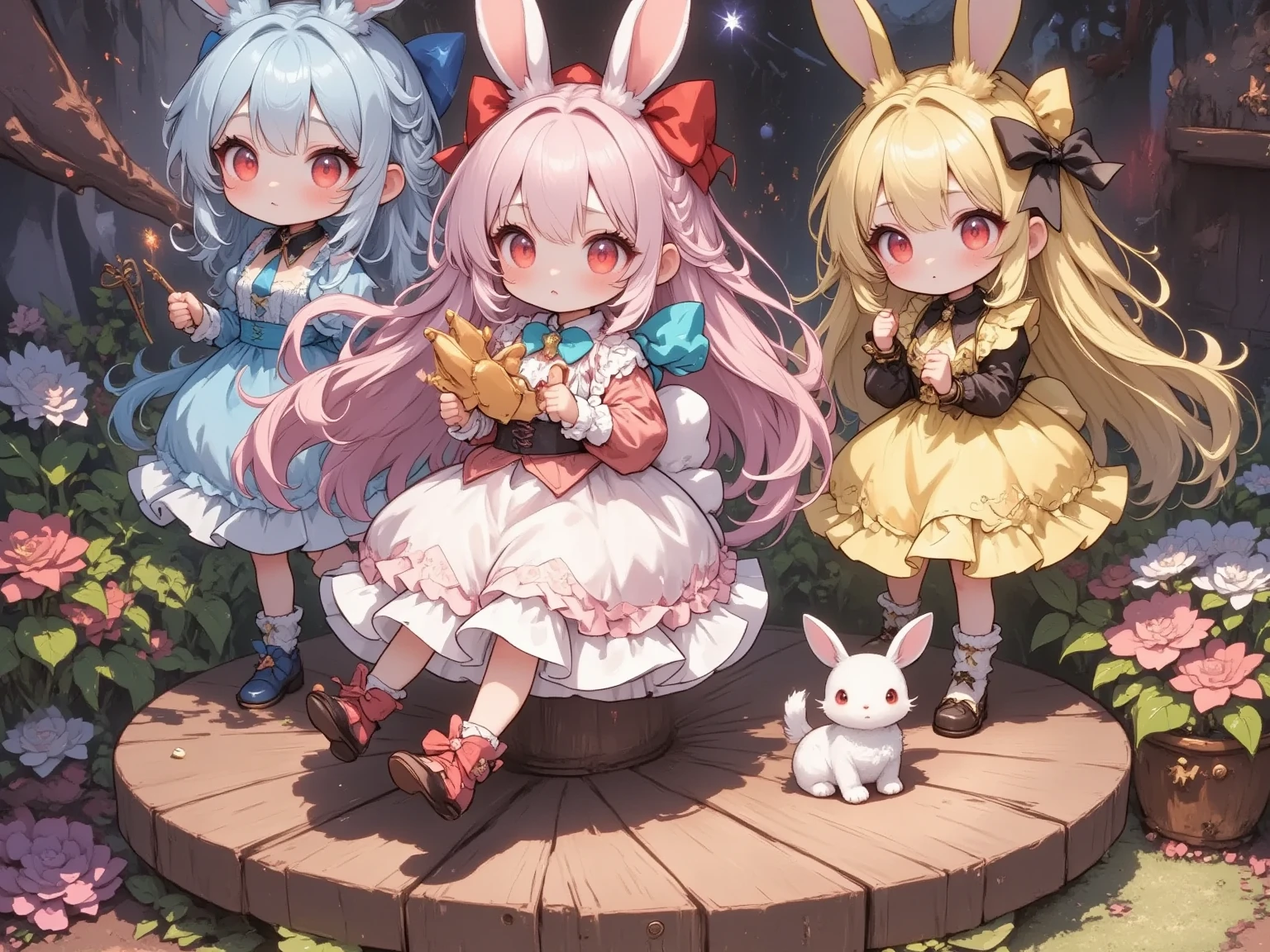  3 girls,(Chibi, cute, small, pink hair, very long hair ,bangs, Fluffy White Rabbit,Bunny ears, red eyes, big eyes, Beautiful Sparkling Eyes , white skin, big hair bow , pink ruffle dress ,Chest, full body image ),(Chibi, cute, small, blue hair, very long hair ,bangs, Fluffy White Rabbit,Bunny ears, red eyes, big eyes, Beautiful Sparkling Eyes , white skin, big hair bow , Blue Frilled Dress ,Chest, full body image ),(Chibi, cute, small, yellow hair , very long hair ,bangs, Fluffy White Rabbit,Bunny ears, red eyes, big eyes, Beautiful Sparkling Eyes , white skin, big hair bow ,yellow ruffle dress ,Chest, full body image ), cute background,(Scenery of 3 people being good friends ,Smiling Face), picture book illustration style ,