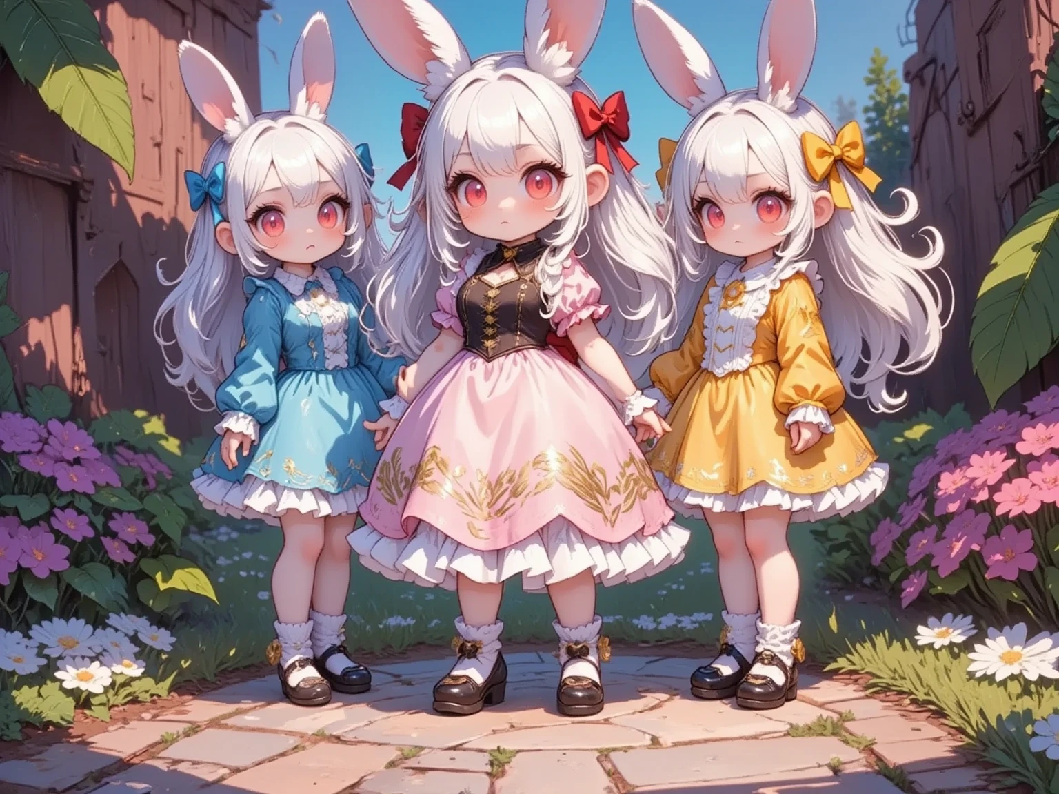  3 girls,(Chibi, cute, small, pink hair, very long hair ,bangs, Fluffy White Rabbit,Bunny ears, red eyes, big eyes, Beautiful Sparkling Eyes , white skin, big hair bow , pink ruffle dress ,Chest, full body image ),(Chibi, cute, small, blue hair, very long hair ,bangs, Fluffy White Rabbit,Bunny ears, red eyes, big eyes, Beautiful Sparkling Eyes , white skin, big hair bow , Blue Frilled Dress ,Chest, full body image ),(Chibi, cute, small, yellow hair , very long hair ,bangs, Fluffy White Rabbit,Bunny ears, red eyes, big eyes, Beautiful Sparkling Eyes , white skin, big hair bow ,yellow ruffle dress ,Chest, full body image ), cute background,(Scenery of 3 people being good friends ,Smiling Face), picture book illustration style ,