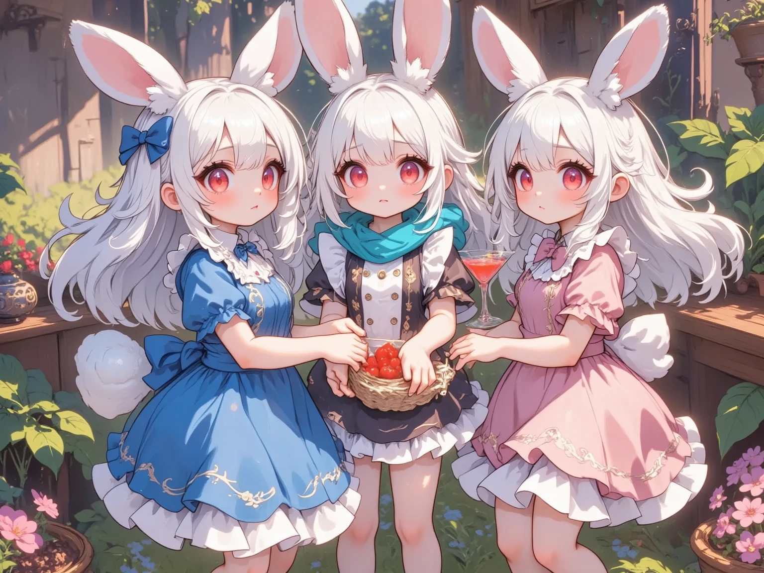 3 girls,(Chibi, cute, small, pink hair, very long hair ,bangs - SeaArt AI